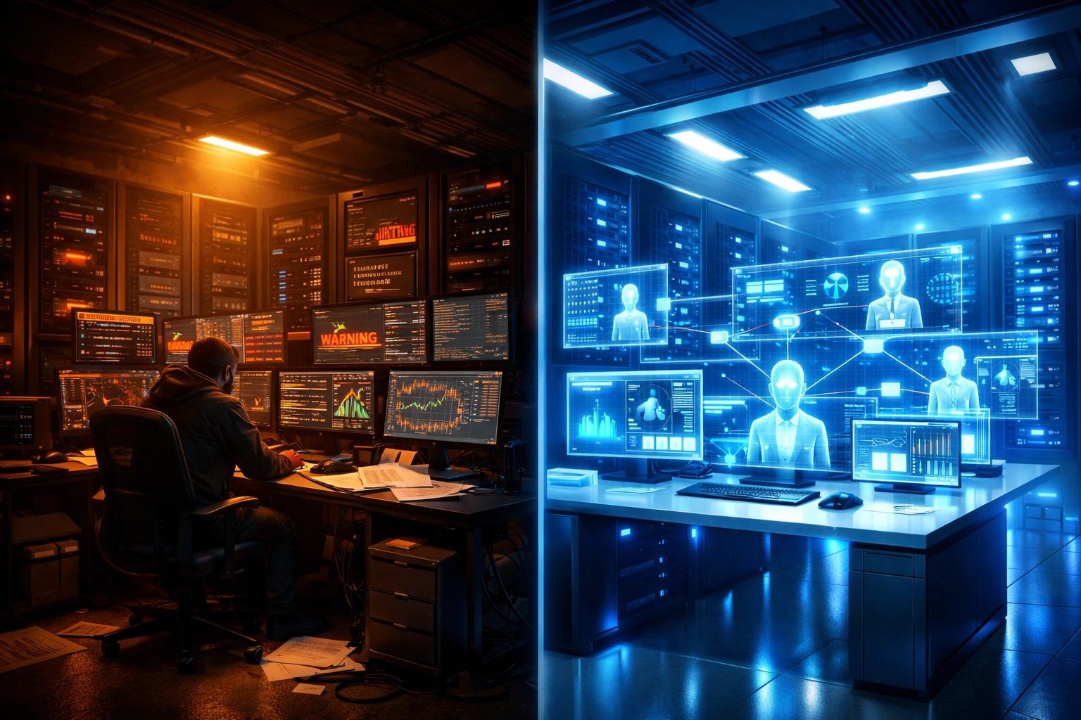 Manual IT operations versus automated ServiceNow ITOM with intelligent agent orchestration