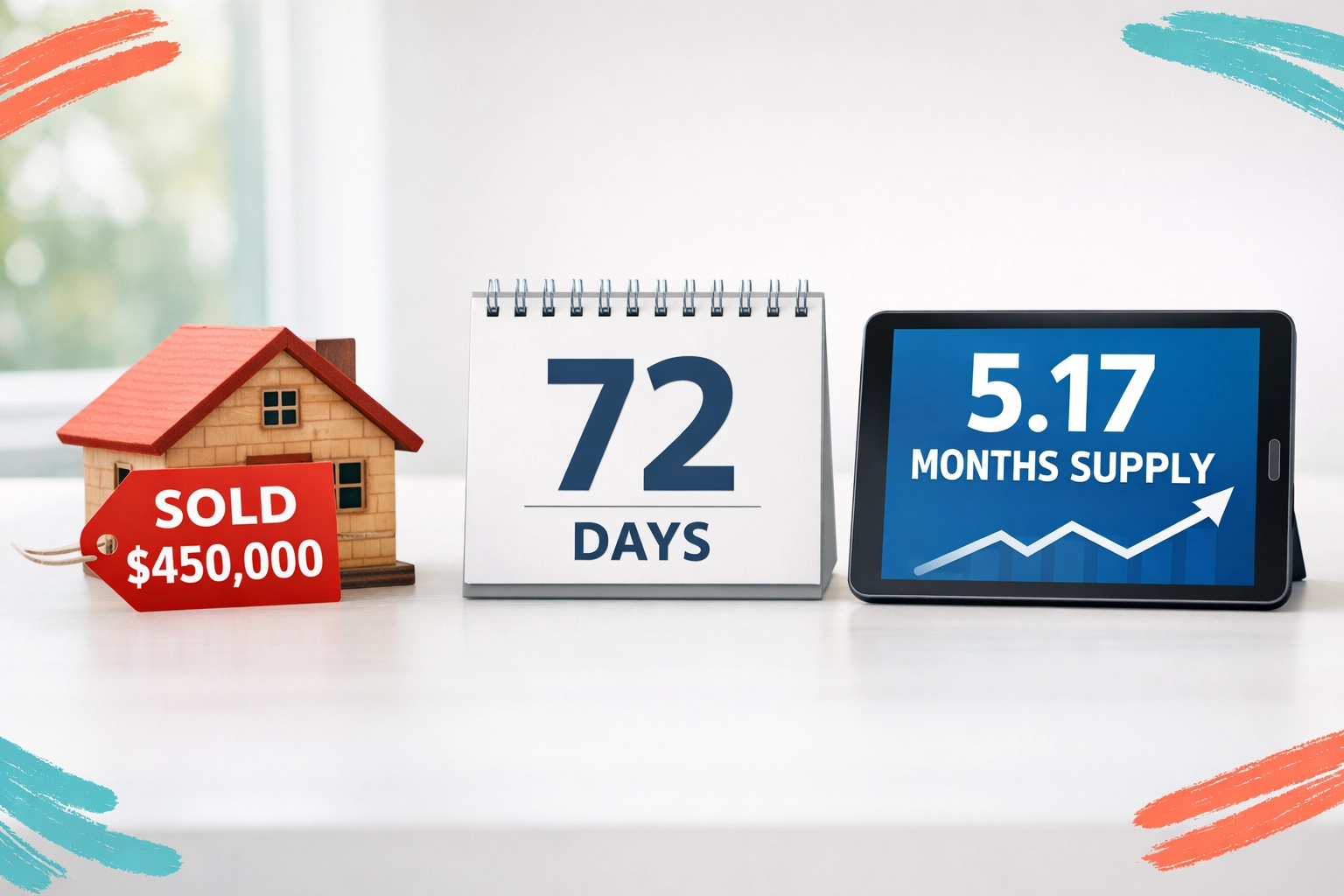 Phoenix housing market metrics showing $450K median price, 72 days on market, and 5.17 months supply February 2026