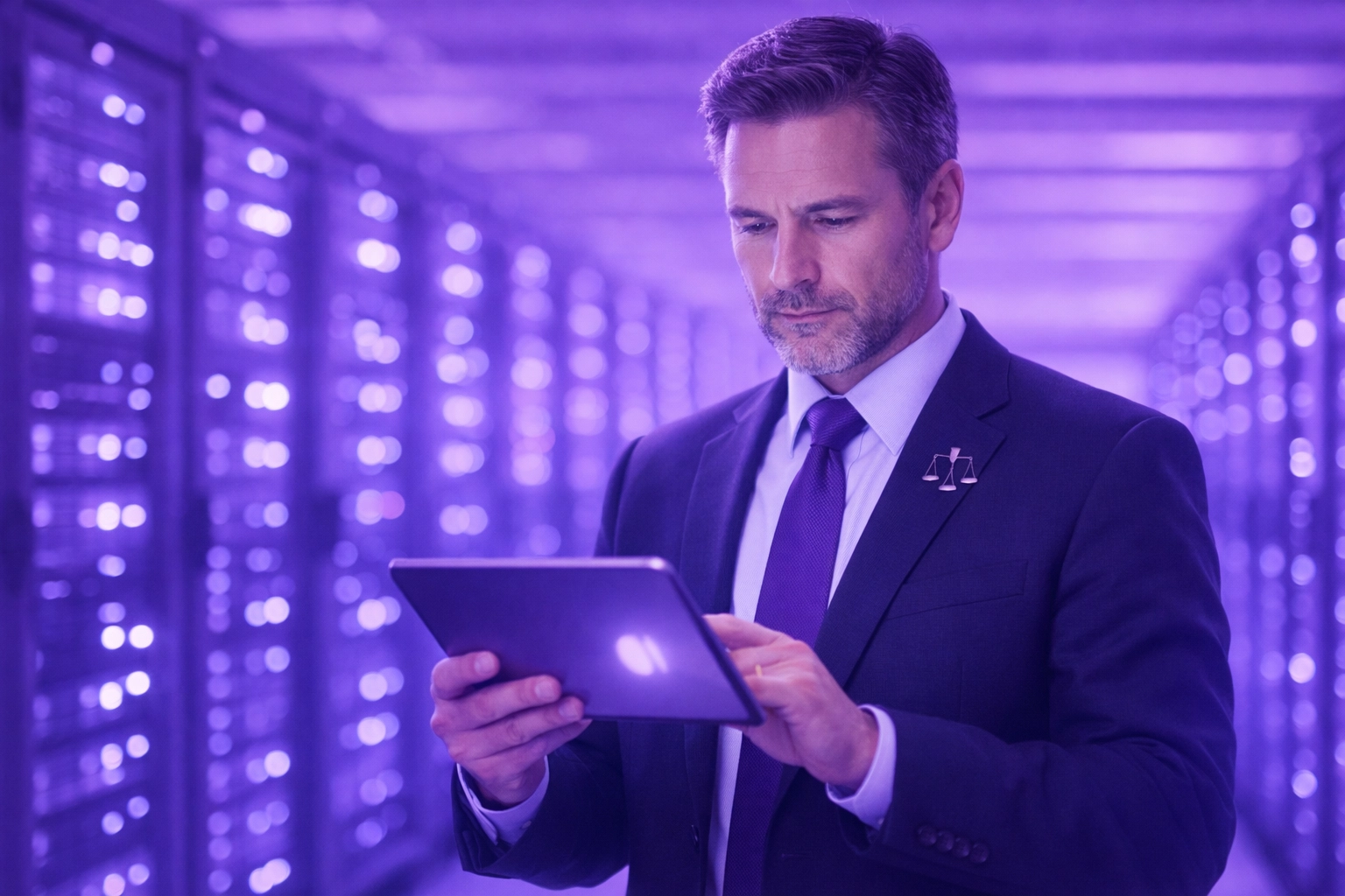 Legal professional overseeing secure data storage and HIPAA compliant AI automation in a modern server room.