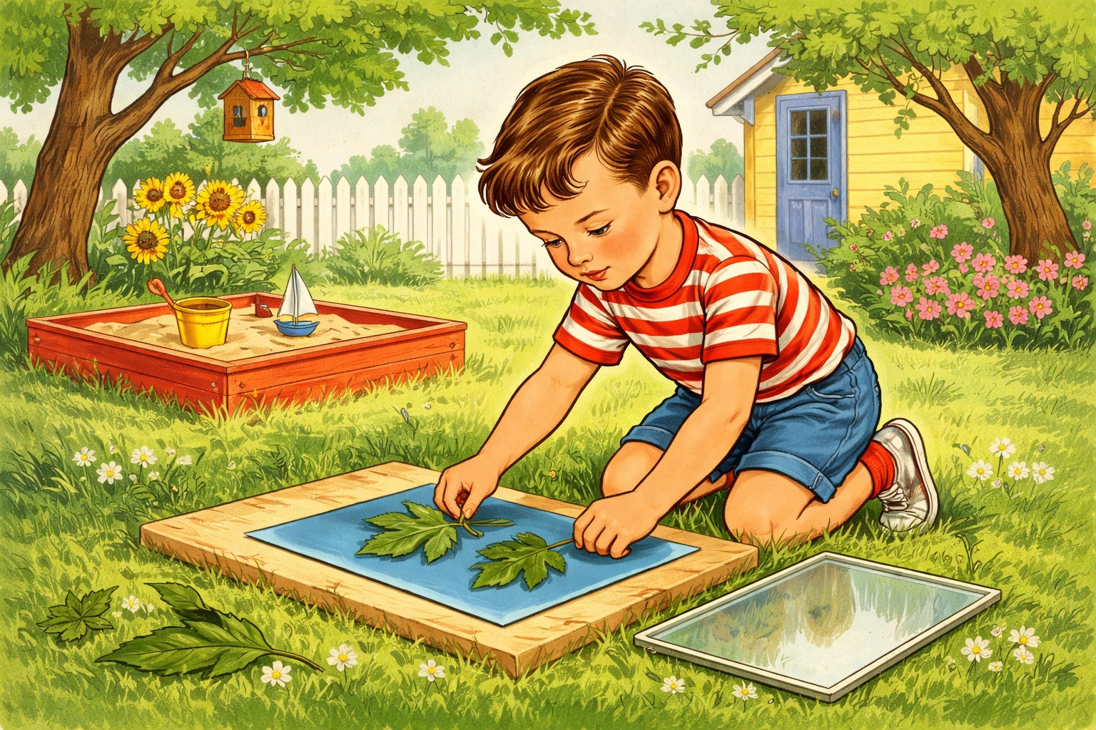 Child's hands placing leaves and flowers on blue paper in the sunshine, creating a nature sun print in a backyard garden setting