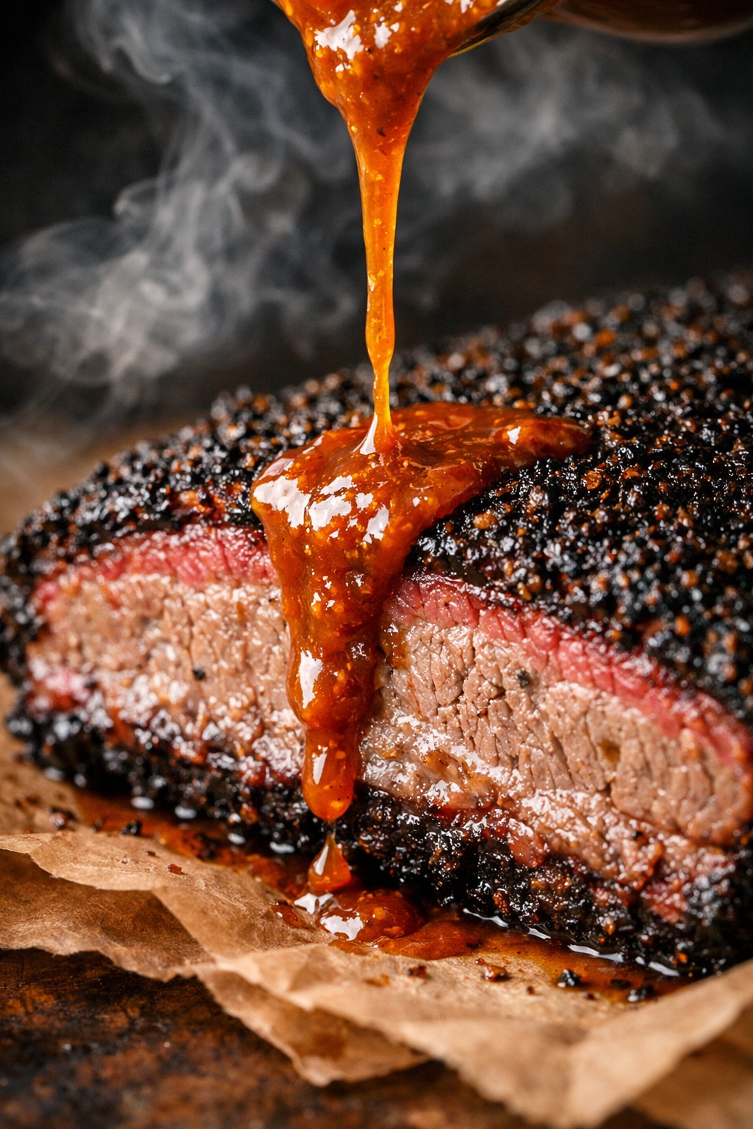 Small-batch hot sauce drizzled over smoked Texas brisket, highlighting the perfect pairing for authentic BBQ flavor.