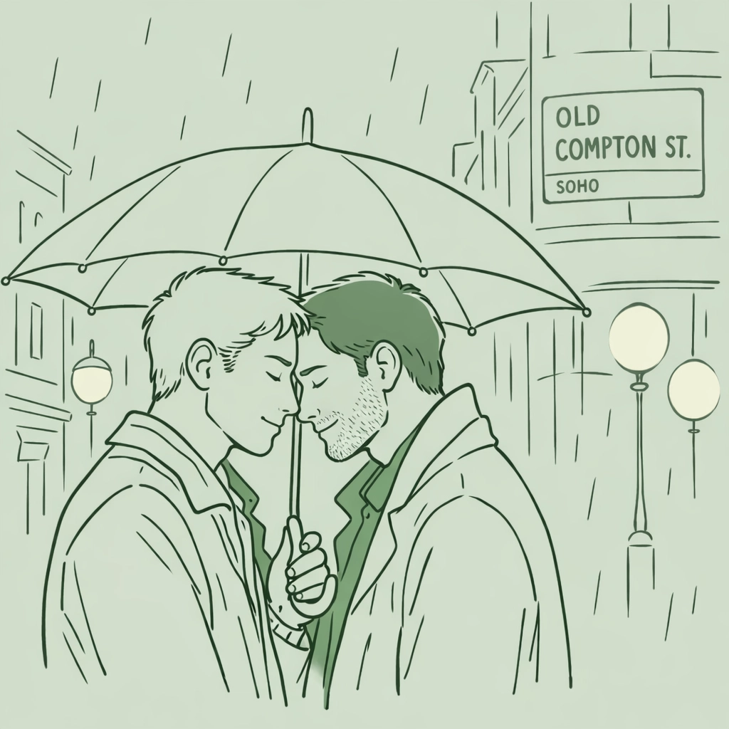 Romantic MM couple under an umbrella on a rainy Old Compton Street in a gay historical romance setting.