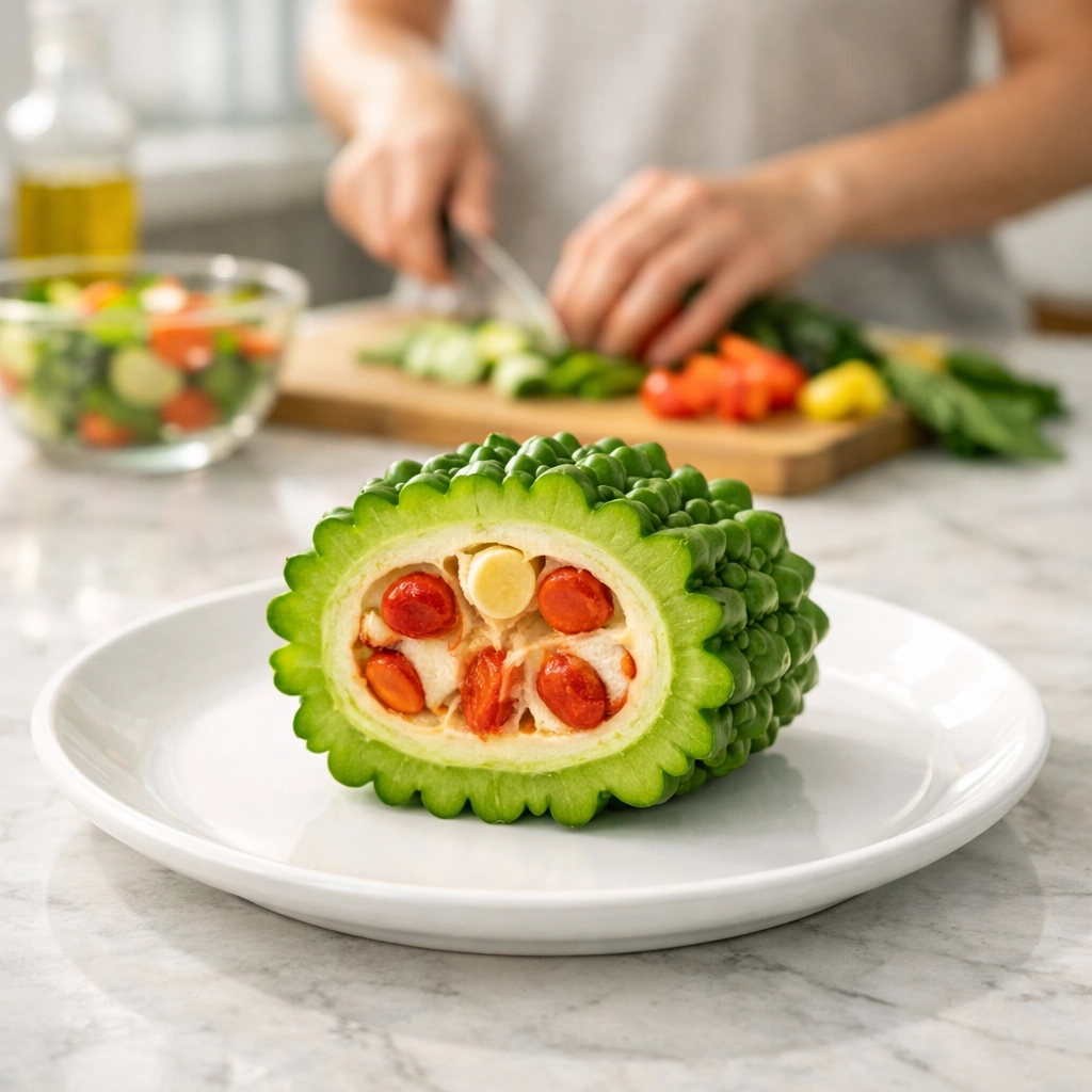 Sliced bitter melon on a ceramic plate, representing natural support for blood sugar and metabolic health.