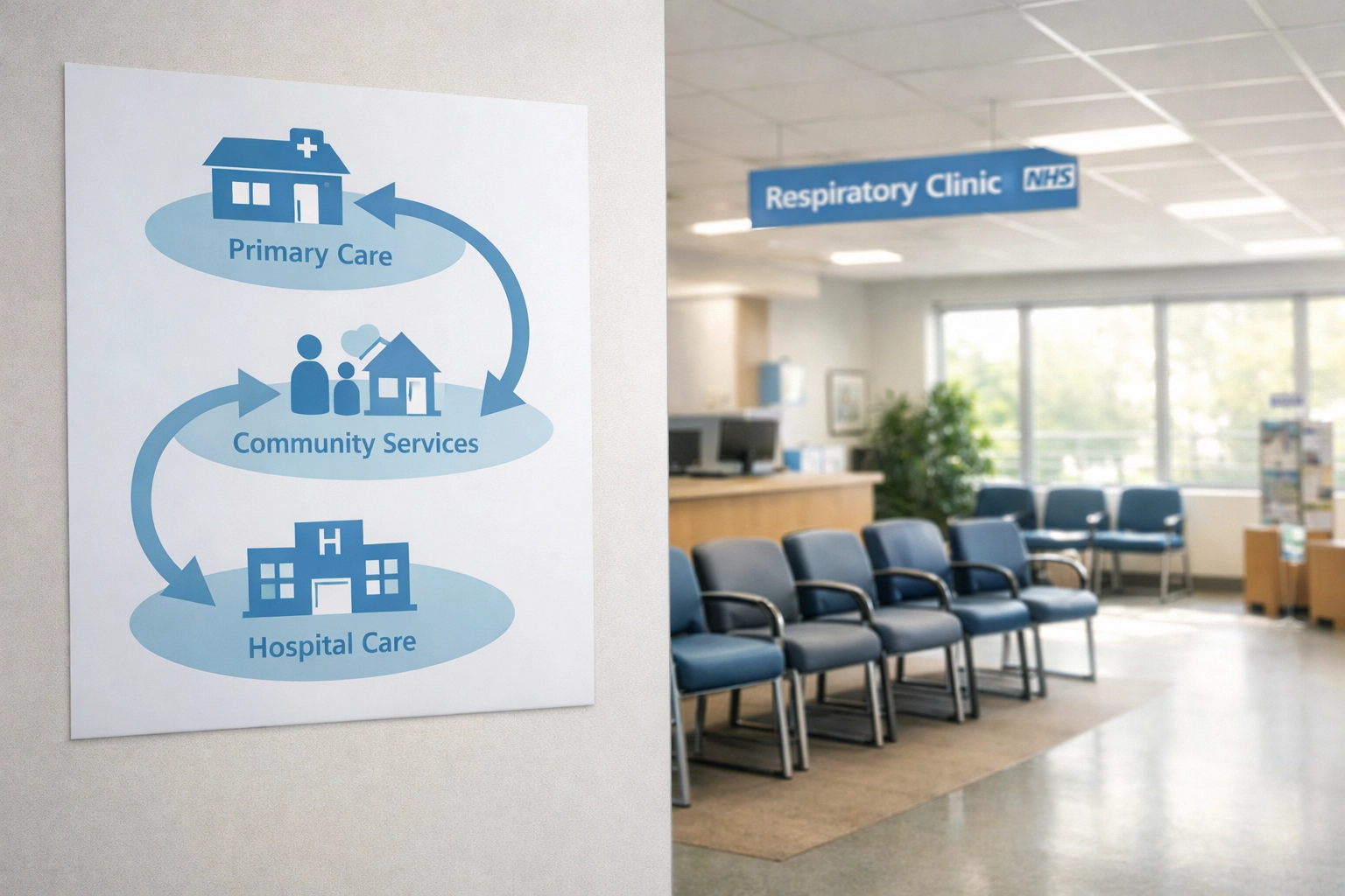 NHS respiratory clinic with integrated care pathway diagram showing prevention approach