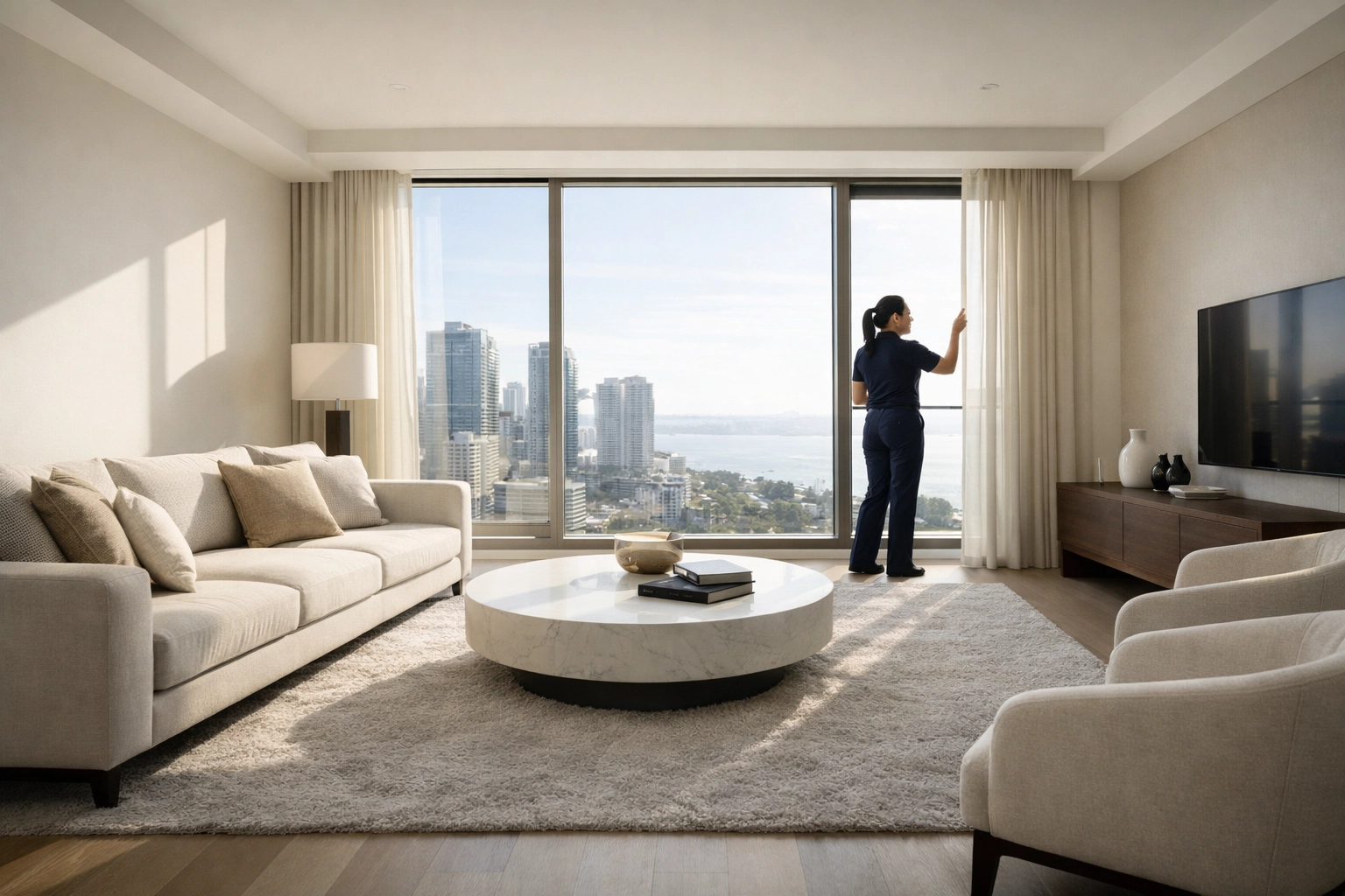 Commercial cleaning professional inspecting a sun-drenched, minimalist living room during a turnover.