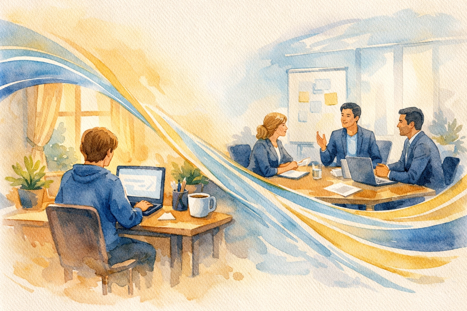 Hybrid team leadership showing remote worker at home and in-person team connected across digital workspace