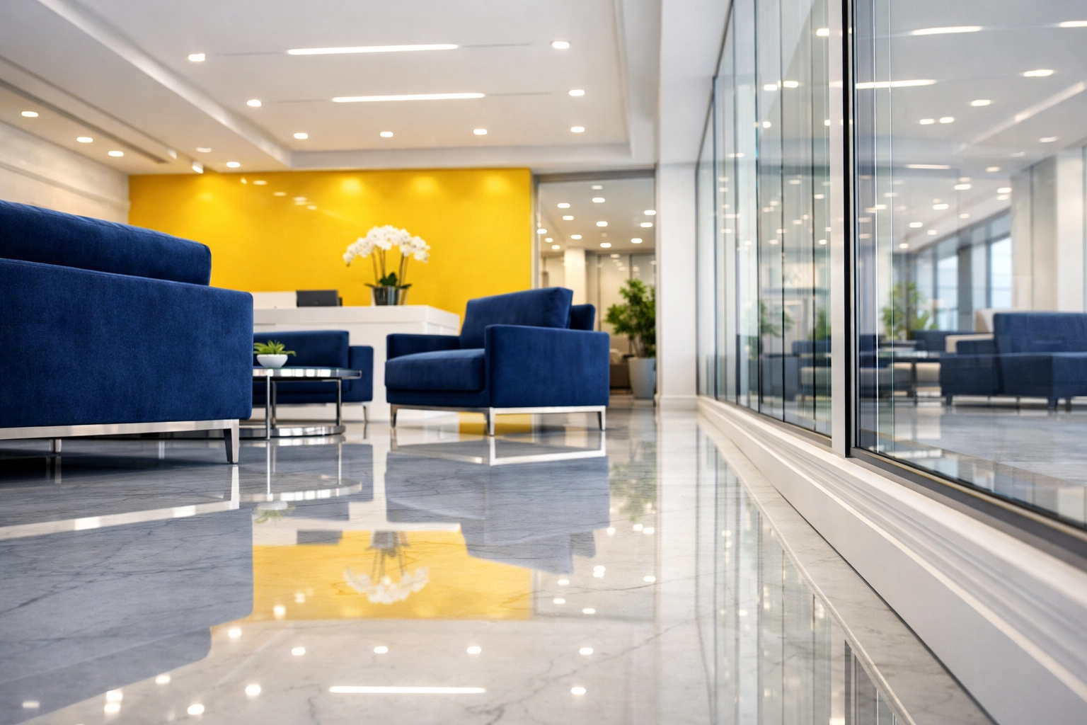 Reflective marble floors in a luxury corporate lobby after professional commercial cleaning.