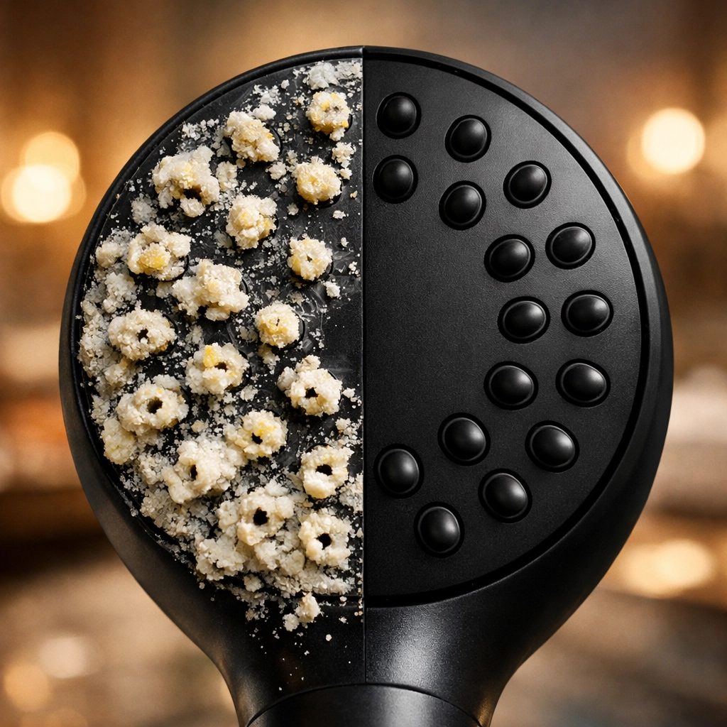 Modern matte black showerhead showing white mineral scale buildup caused by hard water.