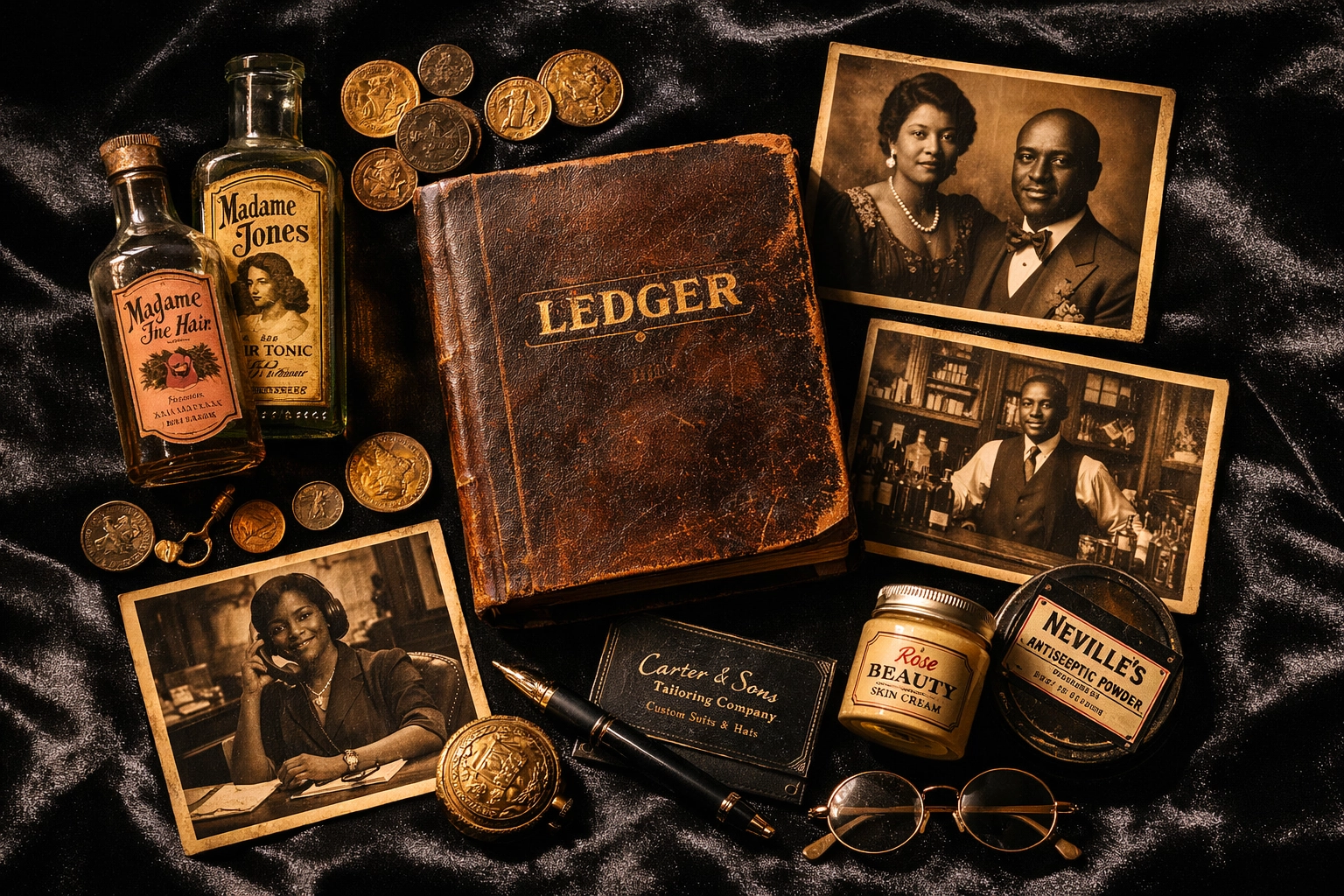 Vintage artifacts from early 1900s Black-owned businesses and entrepreneurial history