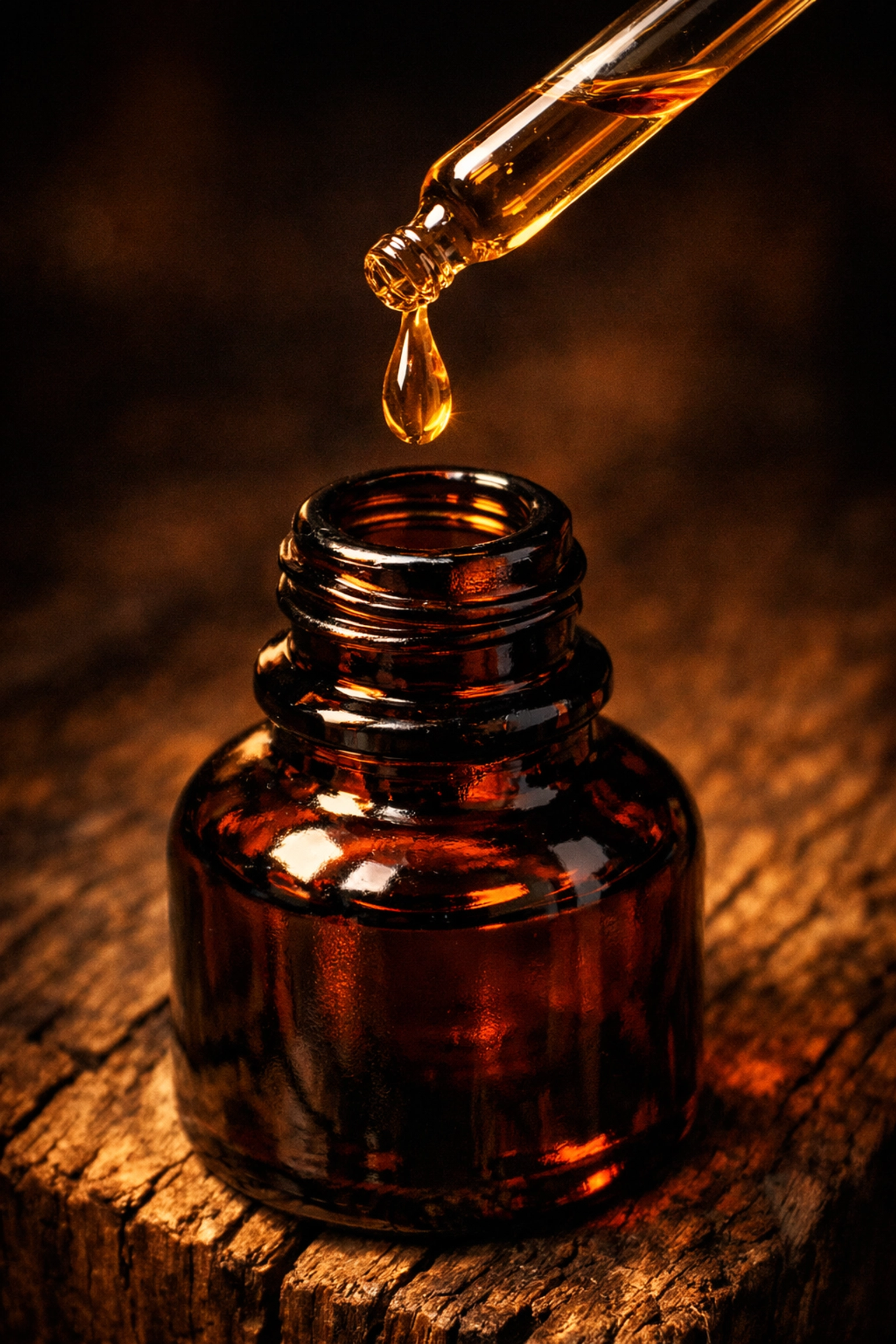 High-concentration parfum extrait beard oil drop falling from an amber glass apothecary bottle.