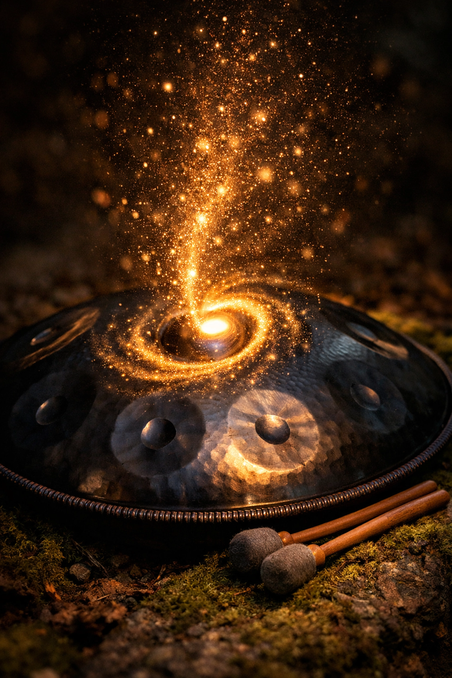 Steel handpan and mallets on moss for students learning how to become a sound healer.