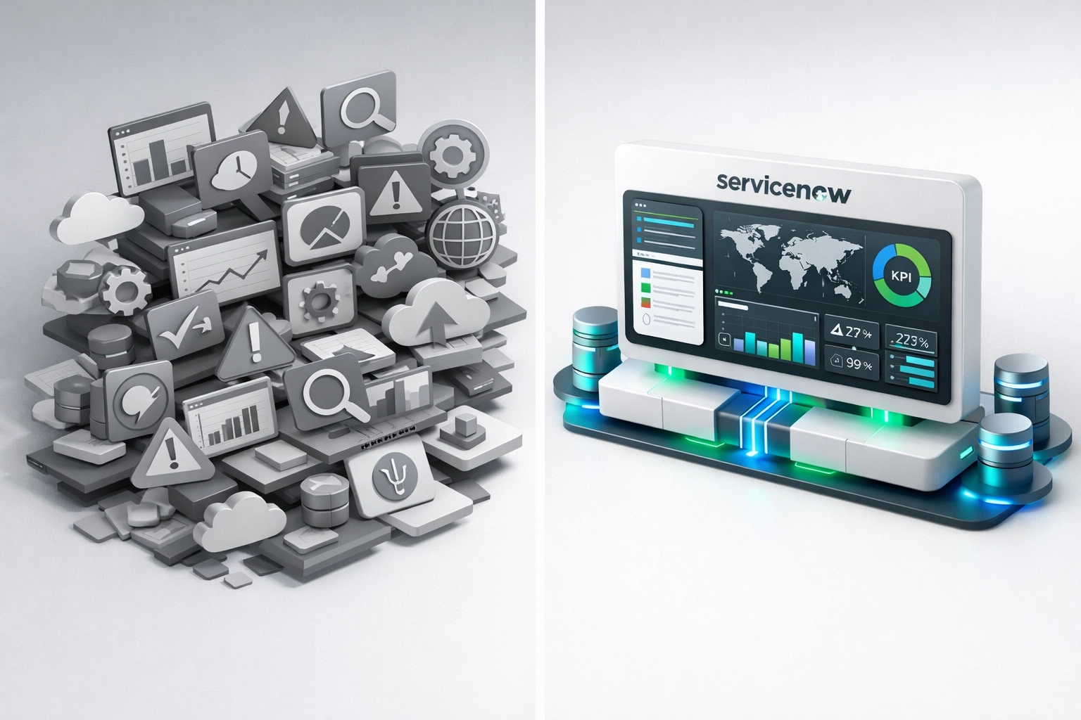 ServiceNow platform consolidation showing multiple monitoring tools unified into single ITOM dashboard