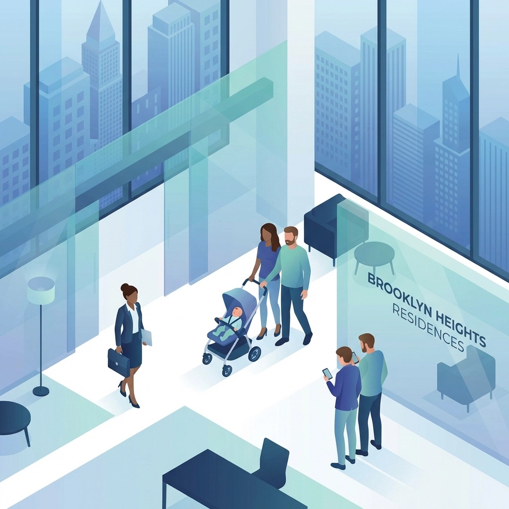 Diverse Brooklyn tenants in a modern apartment building lobby illustrating rental property management in Brooklyn