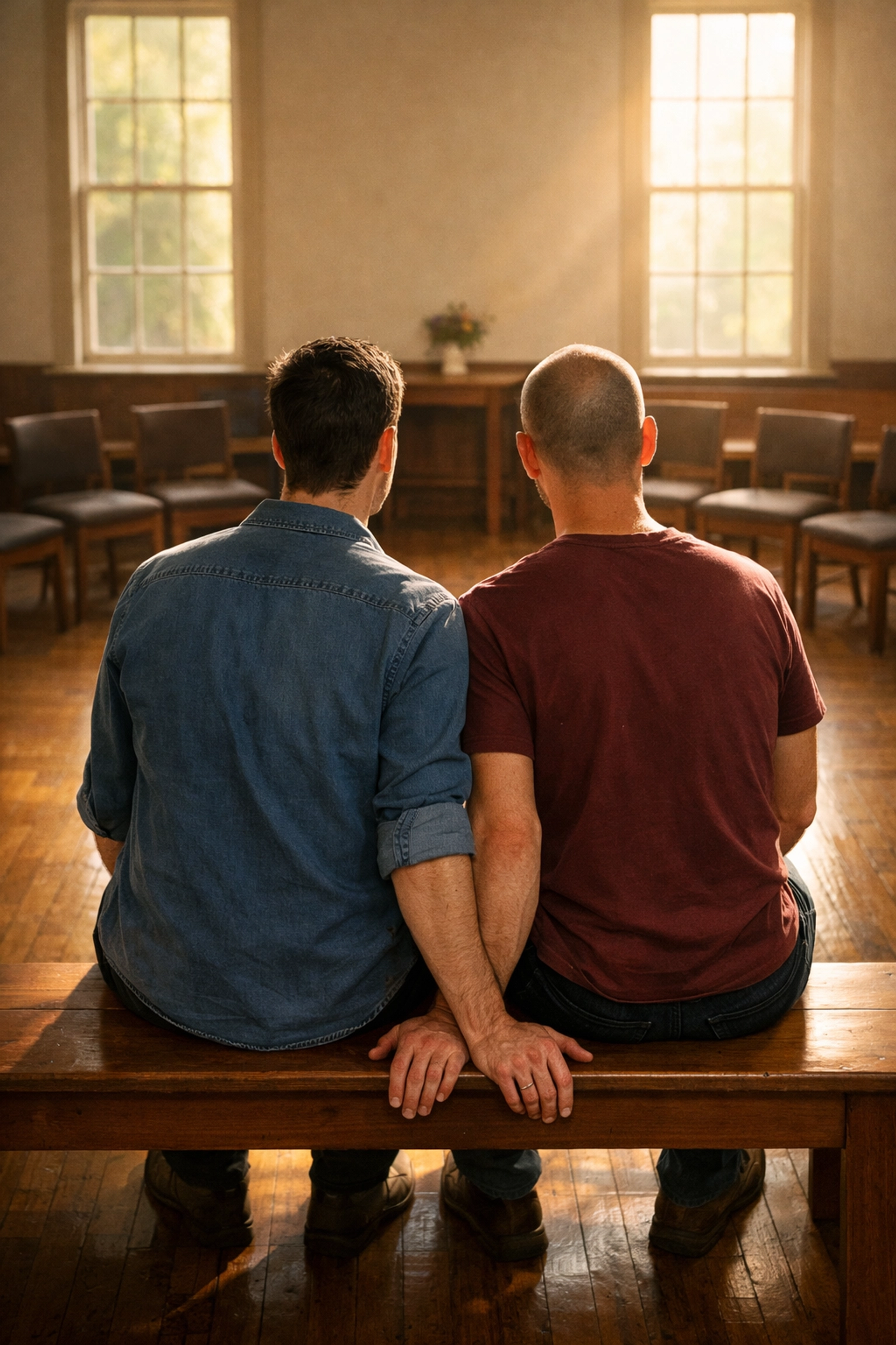 Two men in silent connection at Quaker meeting, reflecting slow burn MM romance themes