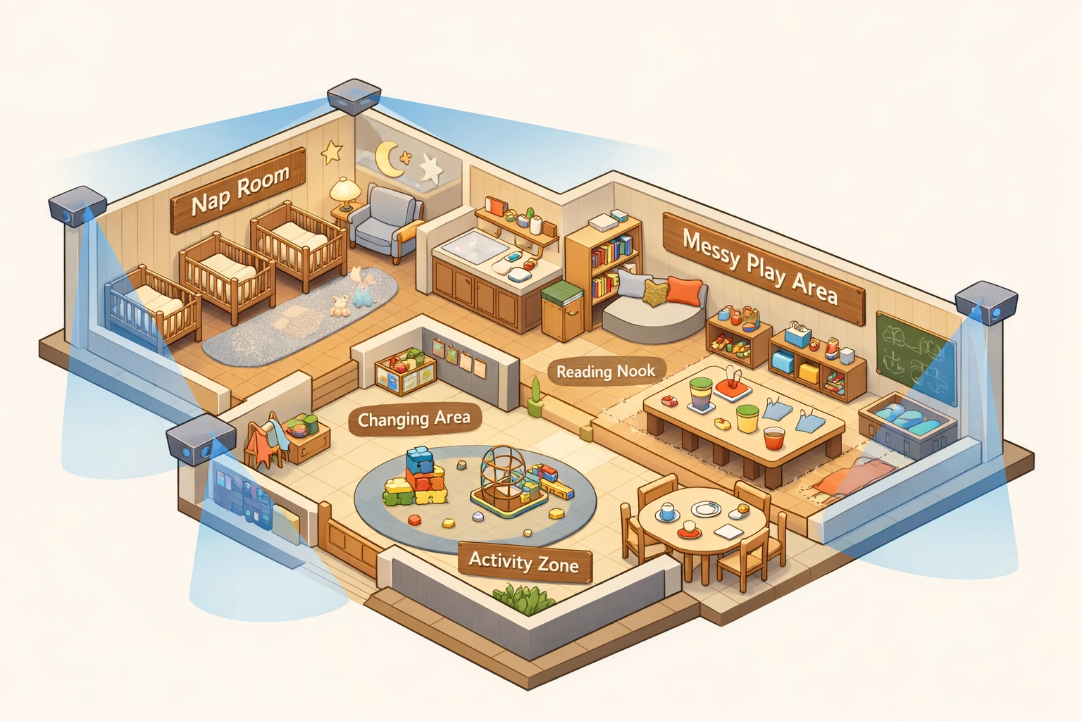 Detailed 3D nursery floor plan layout showing expert security system placement and 4K camera coverage zones.