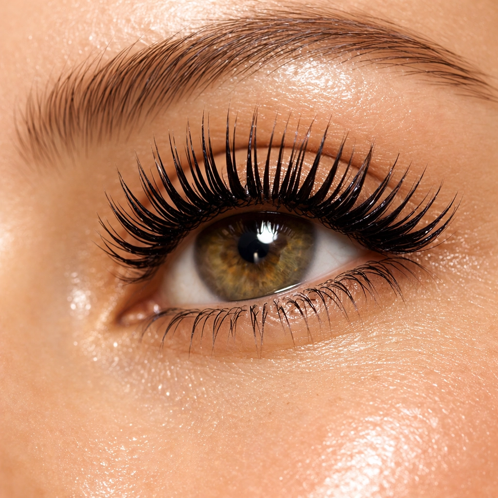 A perfectly lifted and tinted eye showing healthy, hydrated results after using a professional lash conditioner.