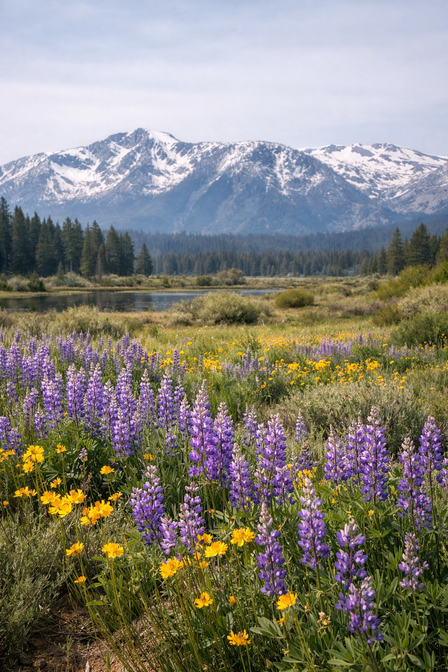 Colorful wildflowers in the Tahoe Keys meadow with snow-capped mountains for fine art photography.