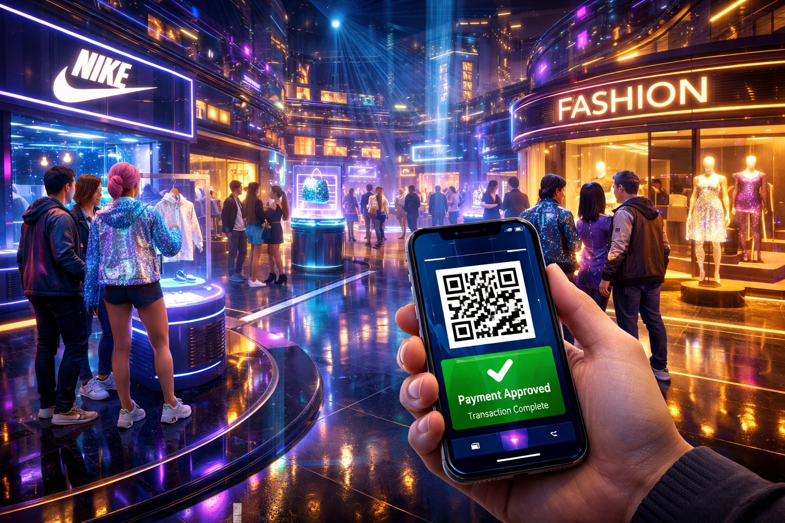 Metaverse shopping experience with VR avatars, AR payment interface, and virtual storefronts