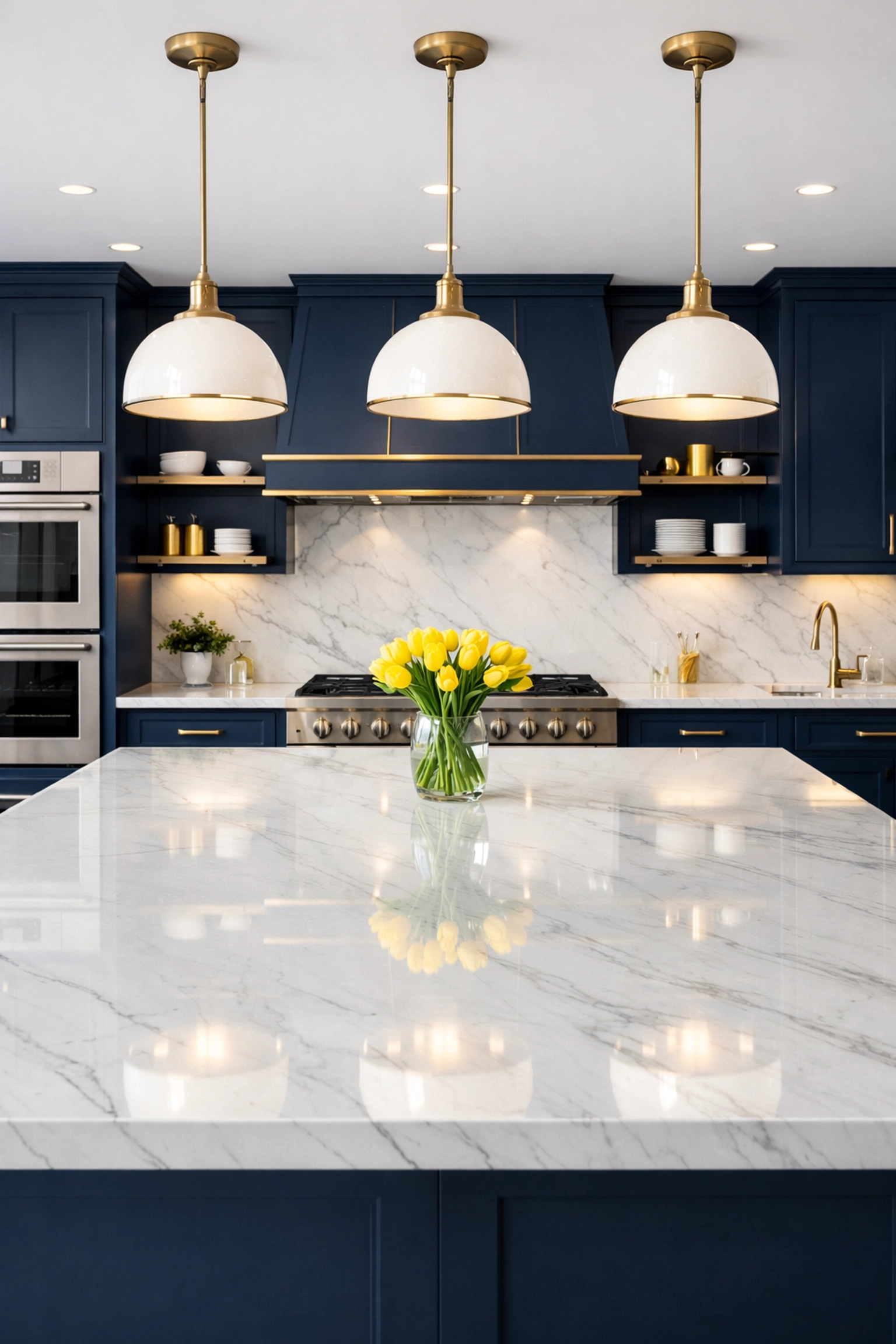 Immaculate luxury kitchen with marble island after professional weekly house cleaning.