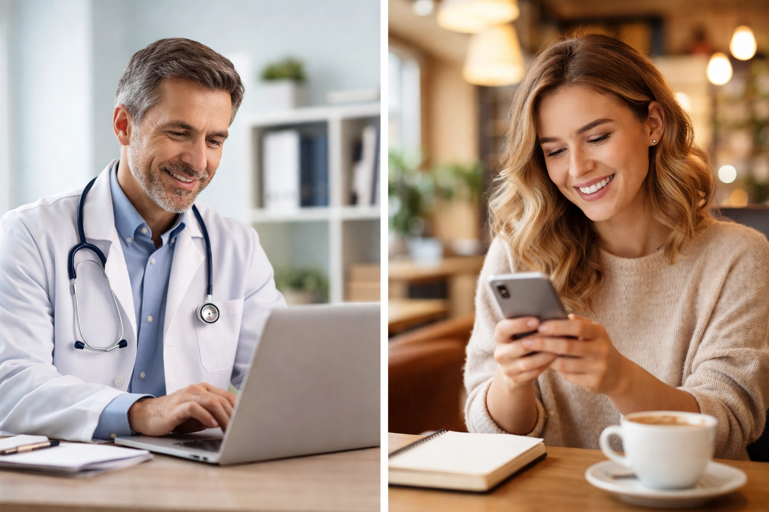 Doctor responding to reviews online while patient happily reads feedback on their phone