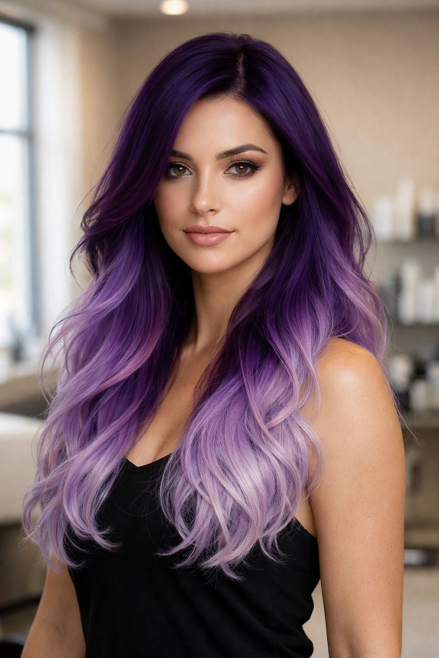 Vibrant purple and lavender vivid hair color transformation at a Concord NH salon.