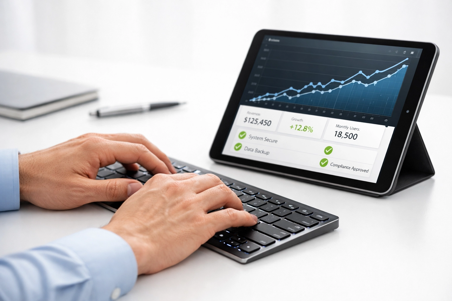 Professional keyboard and financial dashboard illustrating human behavior analytics for secure commercial insurance.