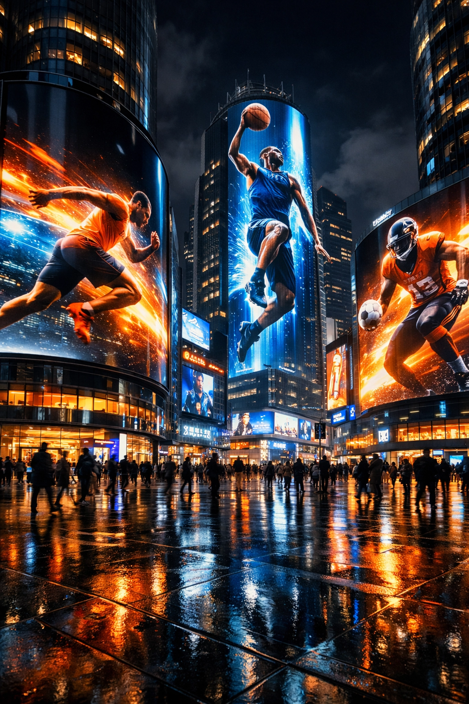 Futuristic digital billboard network in a city square representing the Sporttron high-frequency marketing network.