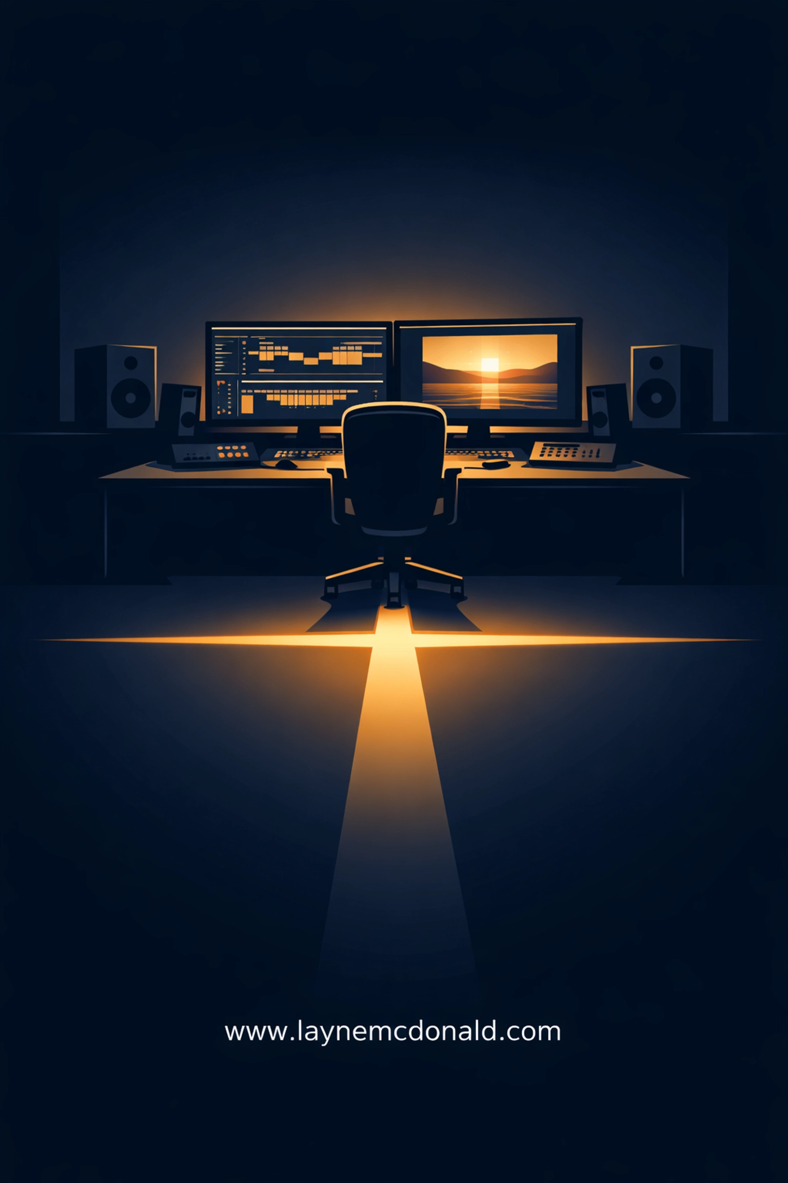 Digital workstation with monitors and a light forming a cross, representing faith in visual media production.