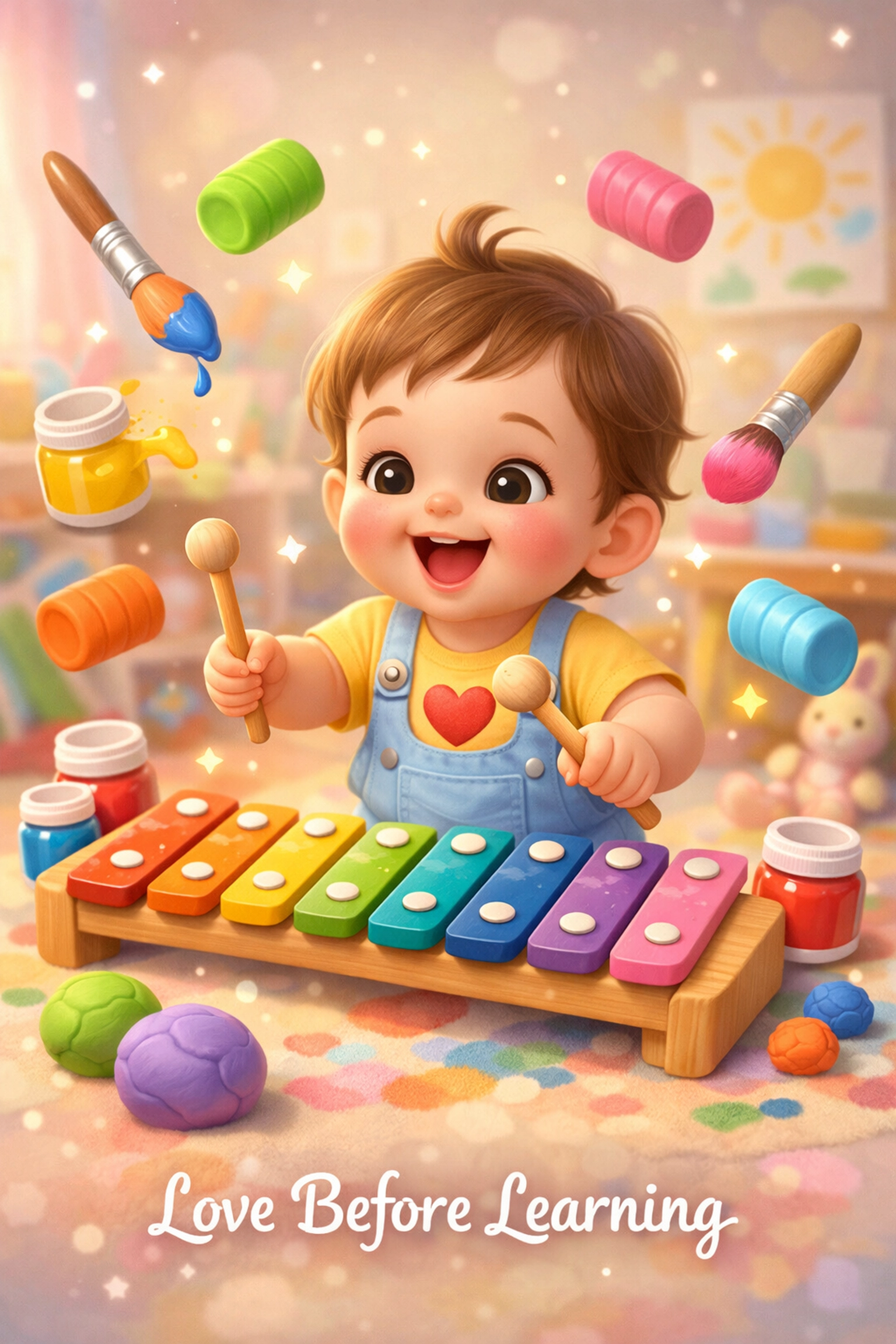 A toddler exploring music with a xylophone, showcasing the Love Before Learning philosophy for kids.