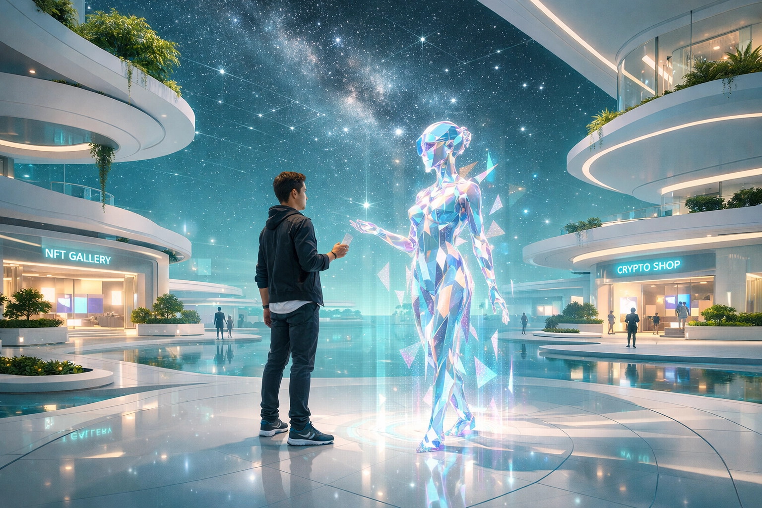 An avatar interacting with an AI assistant in a futuristic Metaverse virtual shop atrium.