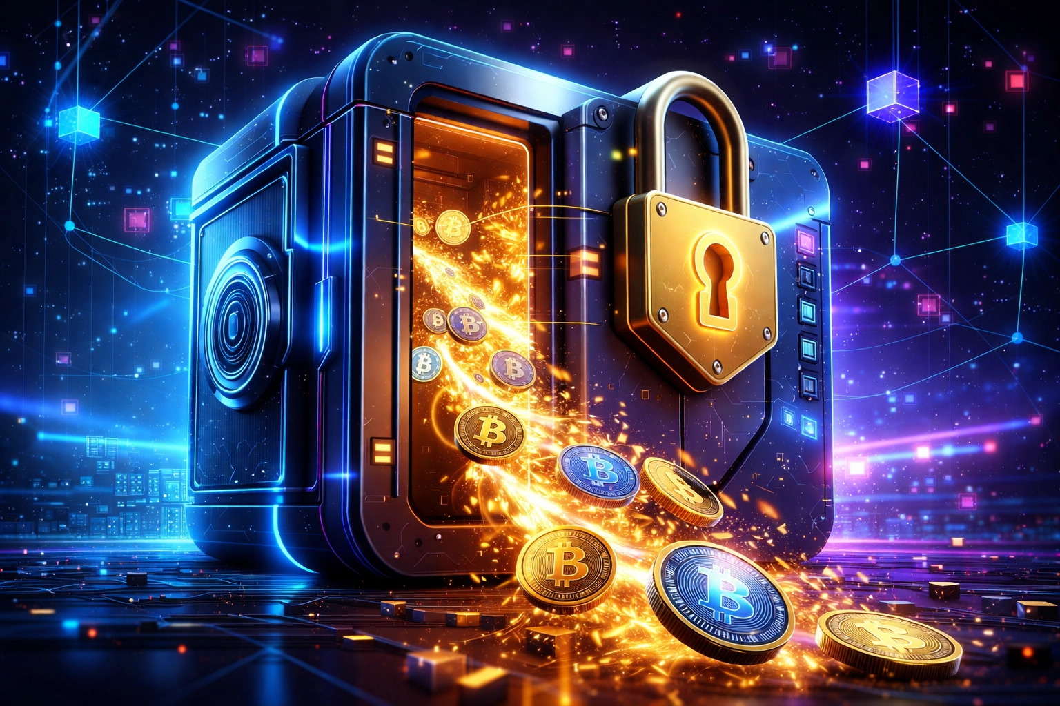 A digital vault with cryptocurrency coins flowing out, symbolizing self-custody and financial sovereignty in Web3 payments.