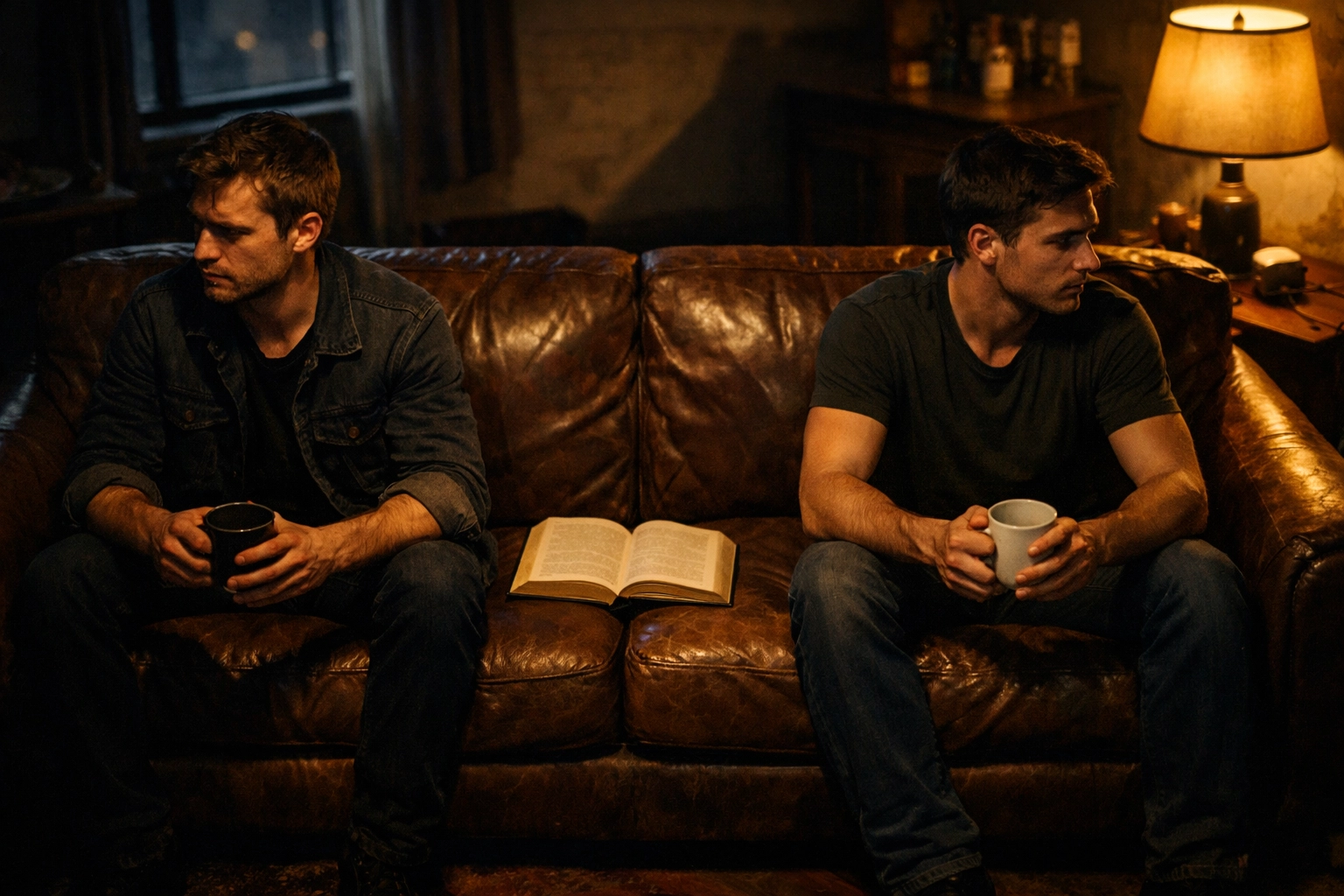 Two men with relationship tension sitting apart on couch - realistic MM romance conflict