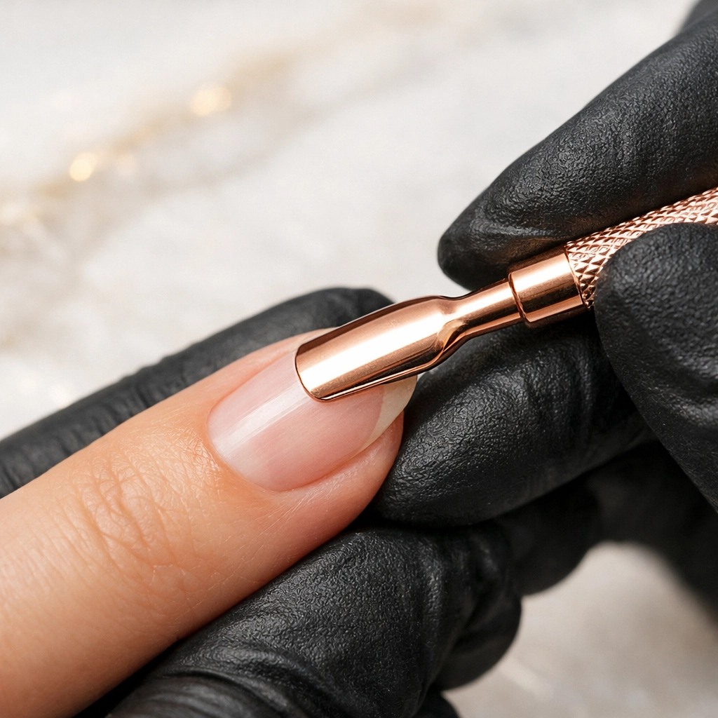 Professional manicurist using a rose gold tool to push back cuticles for precise nail preparation.