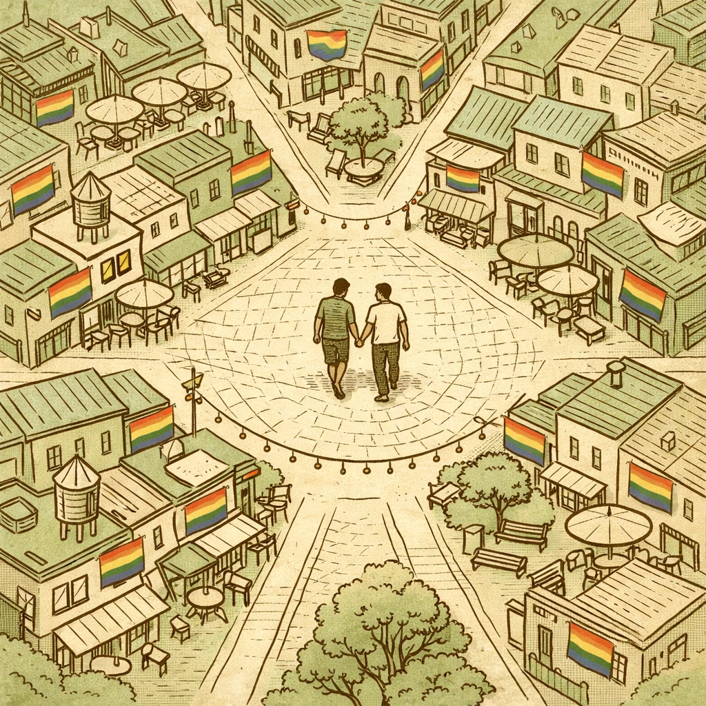 Aerial view of urban gay district with rainbow flags and LGBTQ+ businesses