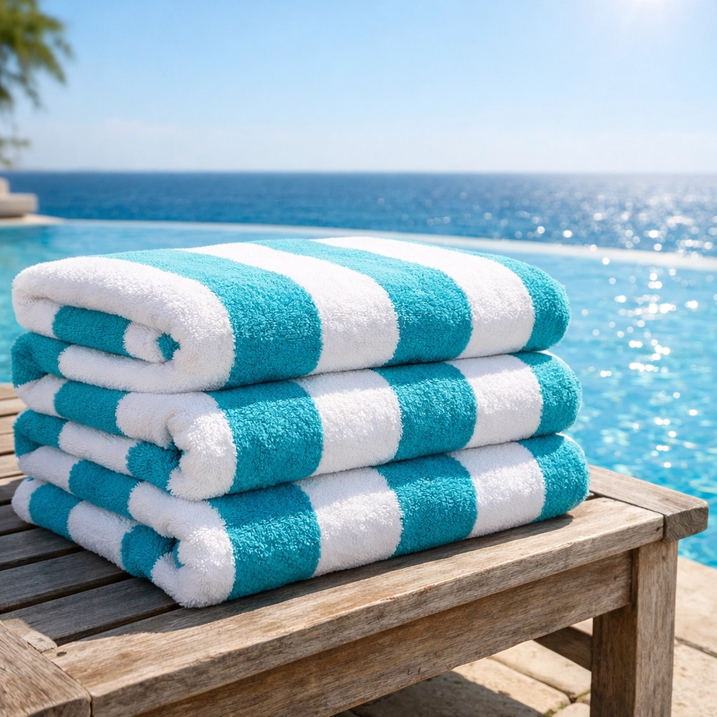 Striped beach towels stacked on a lounge chair by a luxury infinity pool overlooking the ocean.