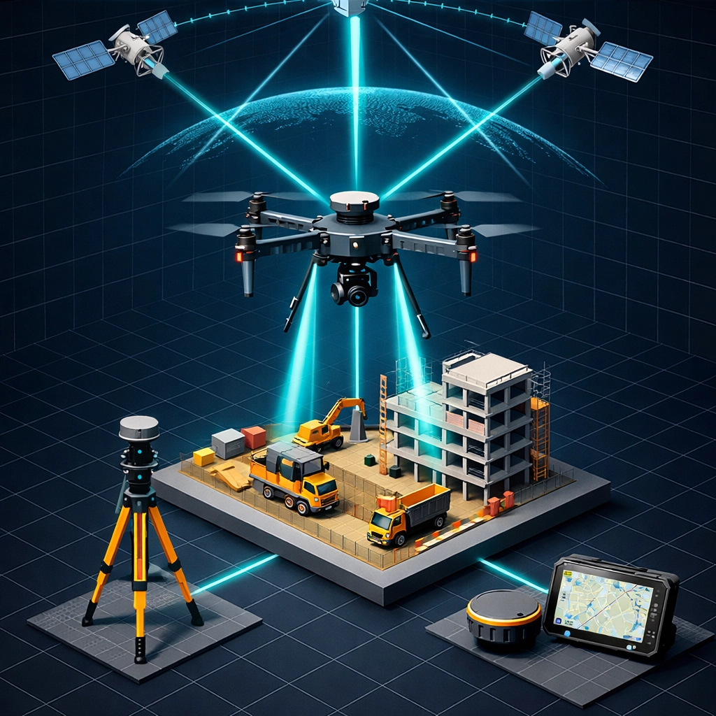 Industrial RTK drone connecting to a GNSS base station and satellites for precision construction mapping
