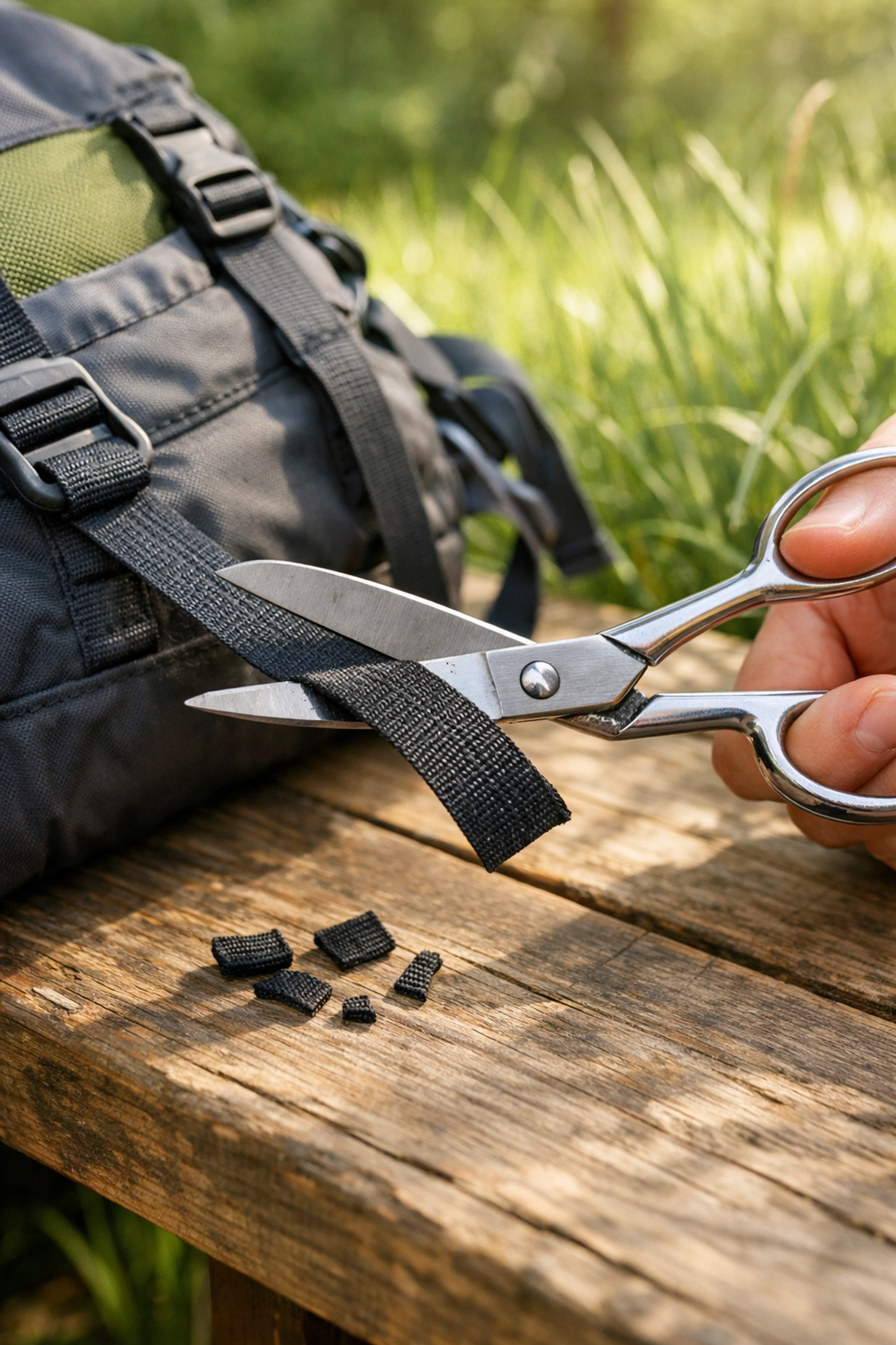 Trimming excess backpack straps to reduce weight for a UK camping adventure.