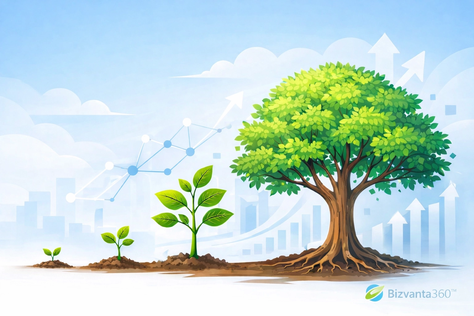 Business growth visualization from startup LLC to profitable S-Corporation — Bizvanta360™ logo appears in the bottom right corner