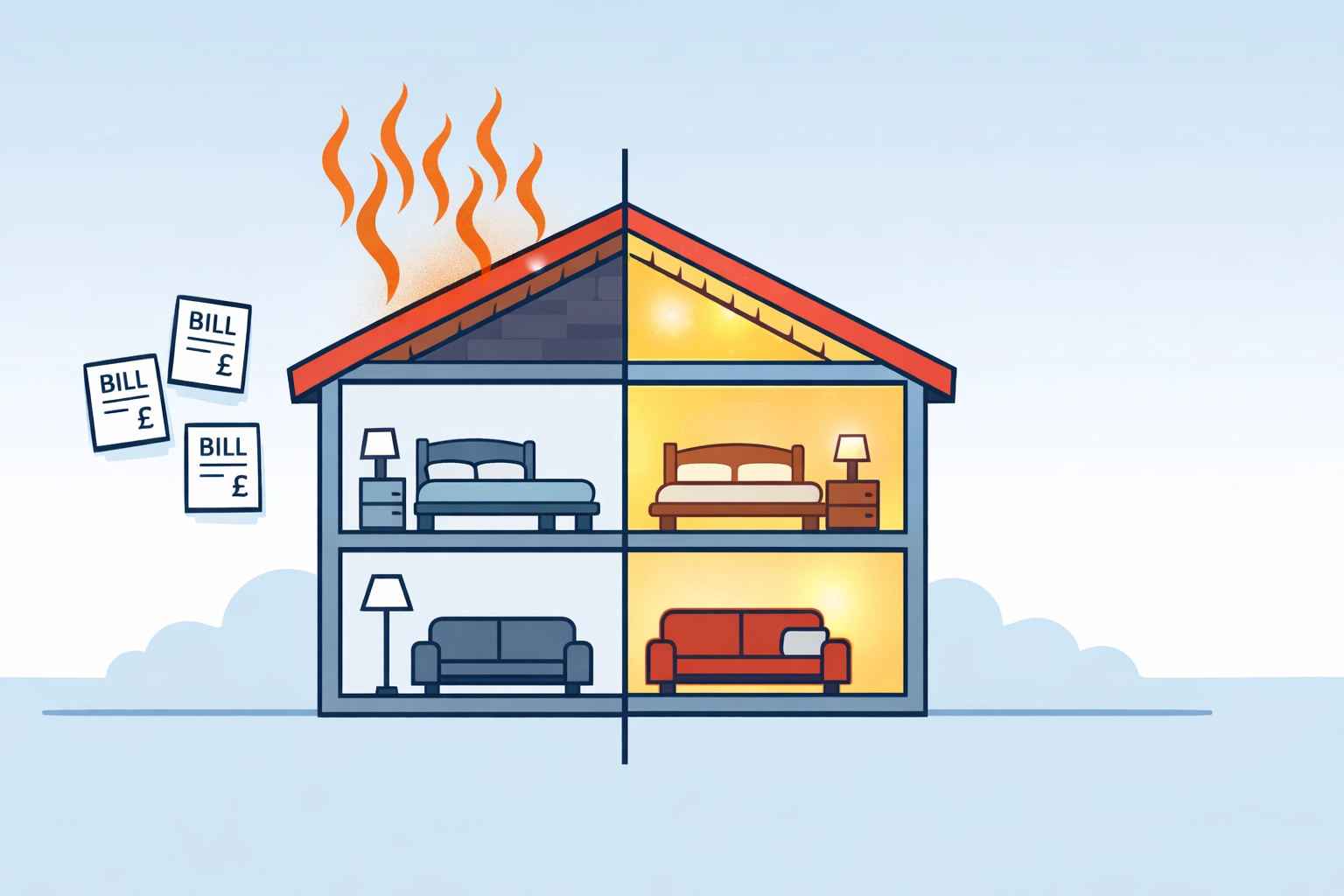 Heat loss through uninsulated roof compared to properly insulated loft