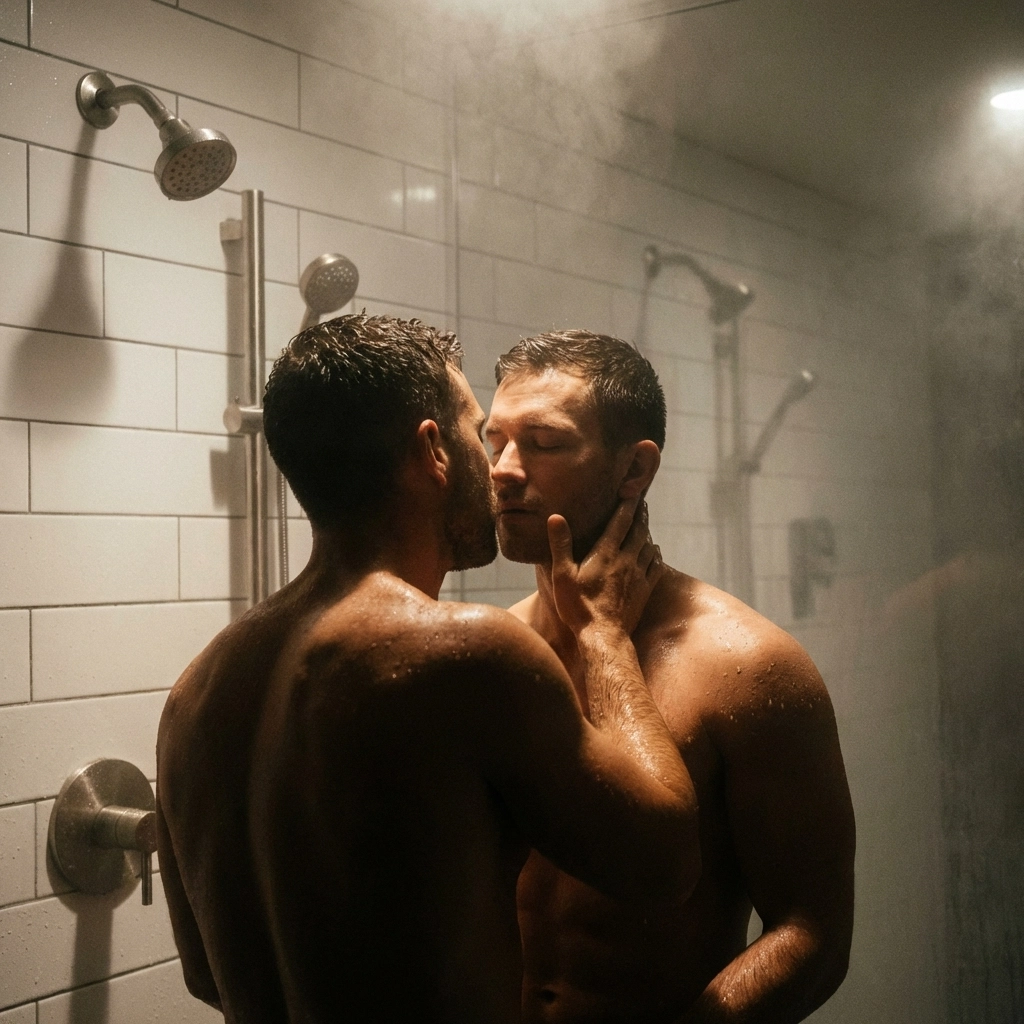 Steamy MM hockey romance scene featuring two muscular athletes in a romantic locker room encounter.