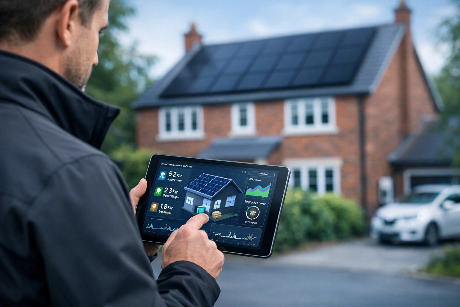 Professional solar installer monitoring system performance at a suburban UK home with solar PV.