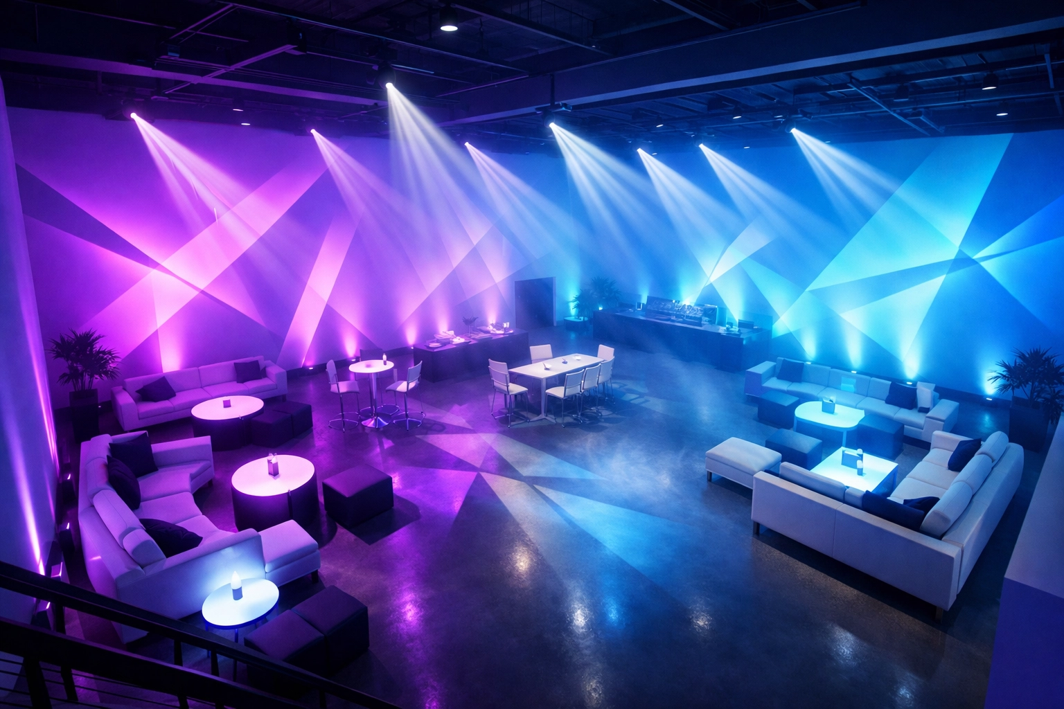 Intelligent LED lighting system transforming corporate event venue with dynamic color effects