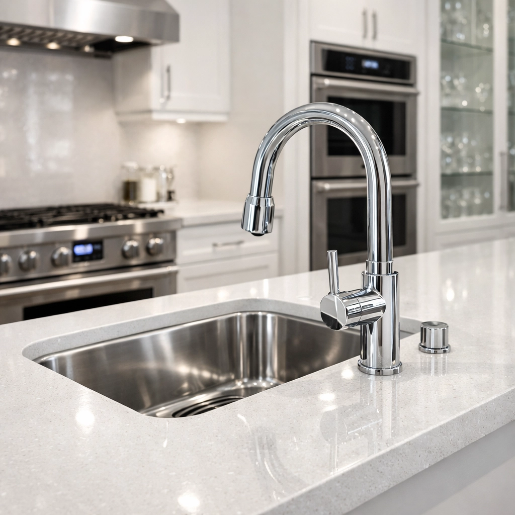 Pristine luxury kitchen with sparkling quartz countertops in a modern Chicago apartment after a deep clean.
