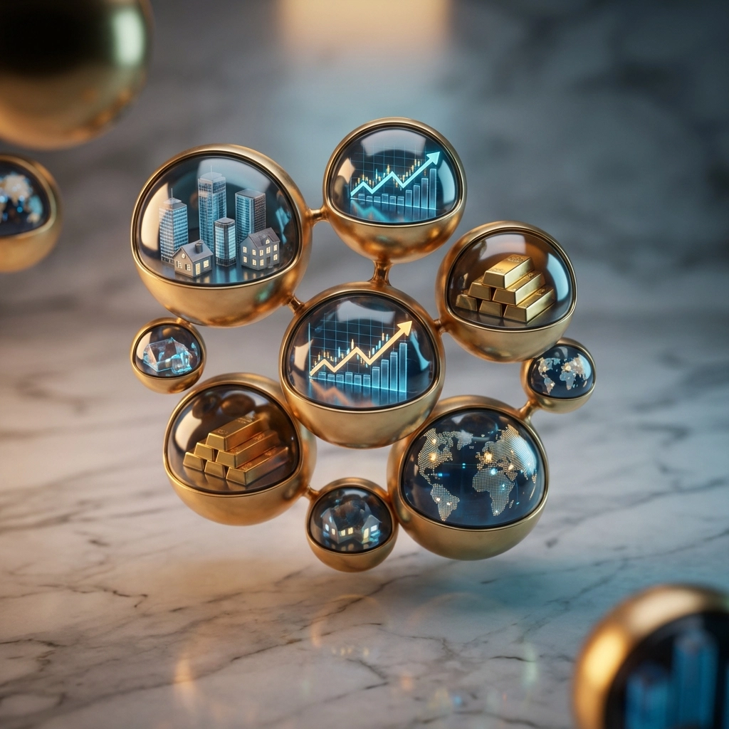 Spheres representing asset classes illustrate investment portfolio diversification for institutional investors.