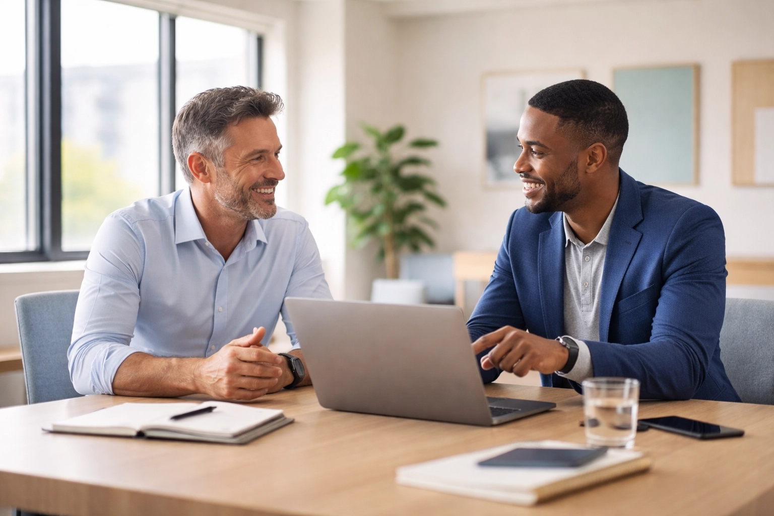Business owner and IT consultant discussing personalized local IT services in a professional office.