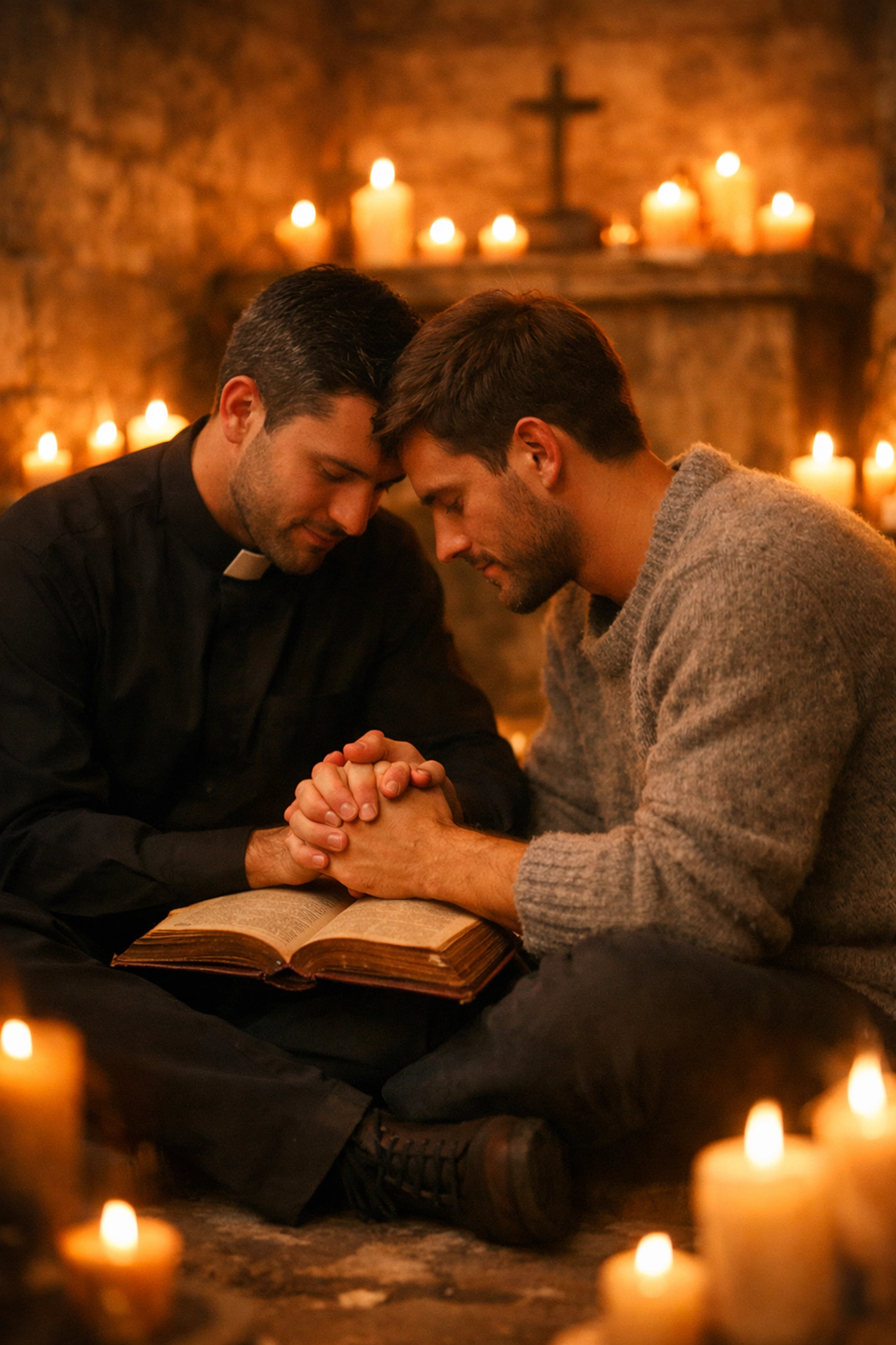 A man in a clerical collar holds hands with his lover in a candle-lit chapel, exploring themes in MM romance books.