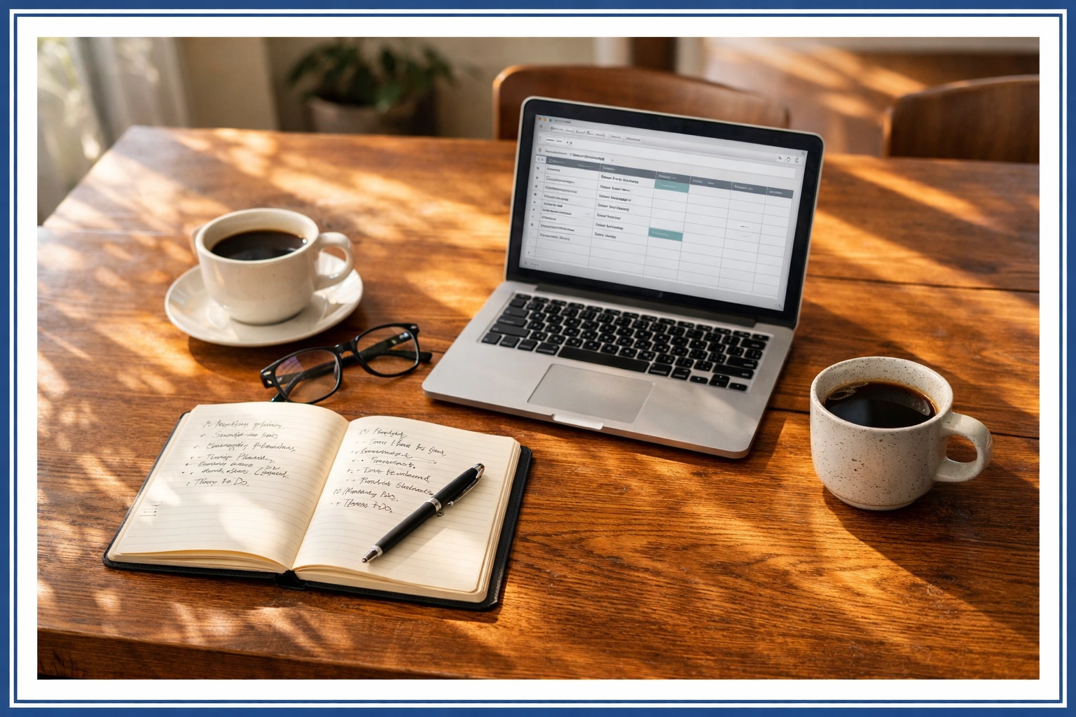 Organized planning materials on a table showing calm preparation for senior living options Organized planning materials on a table showing calm preparation for senior living options