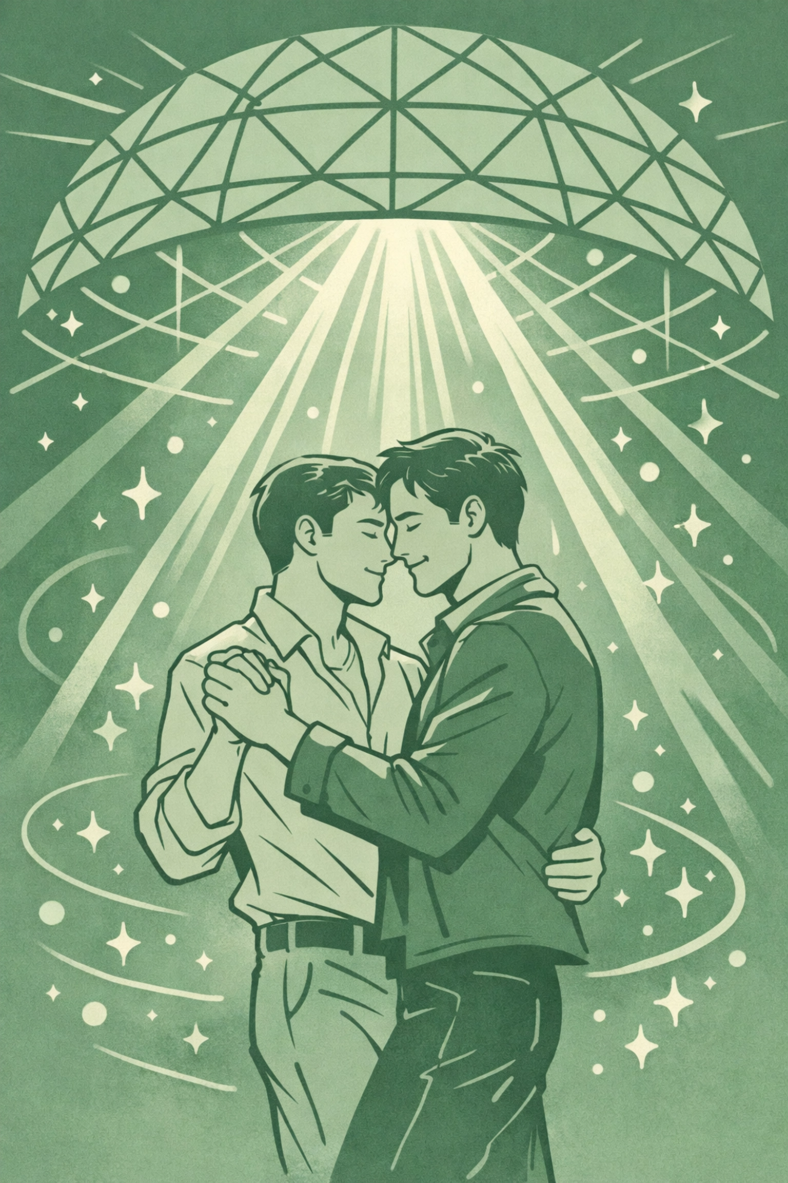 Gay couple dancing together under The Saint's spectacular dome during peak 80s nightlife