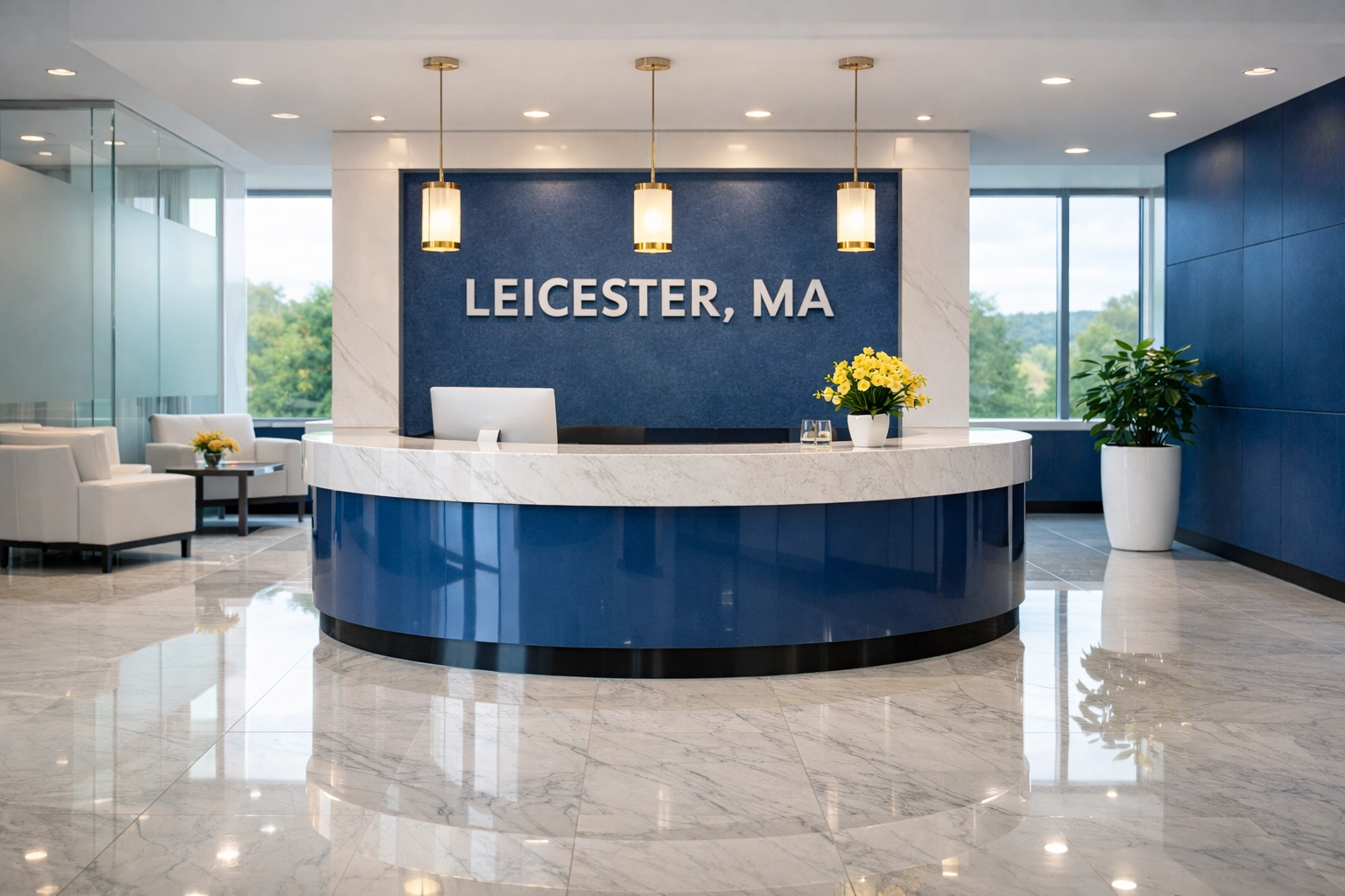 Immaculate office reception in Leicester showcasing professional commercial cleaning and sanitization services.