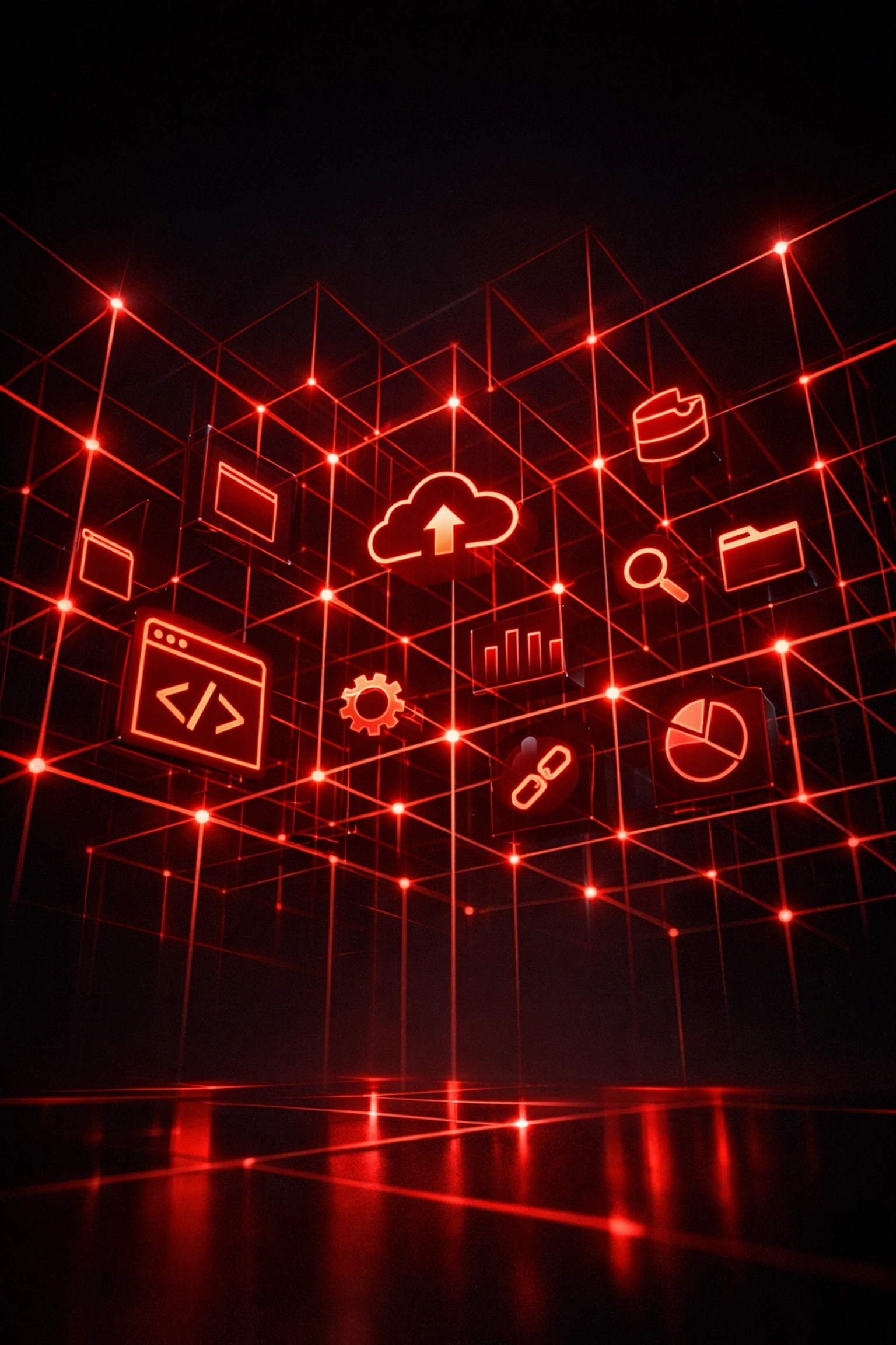 A glowing red digital lattice representing advanced website schema and technical architecture for AI search.